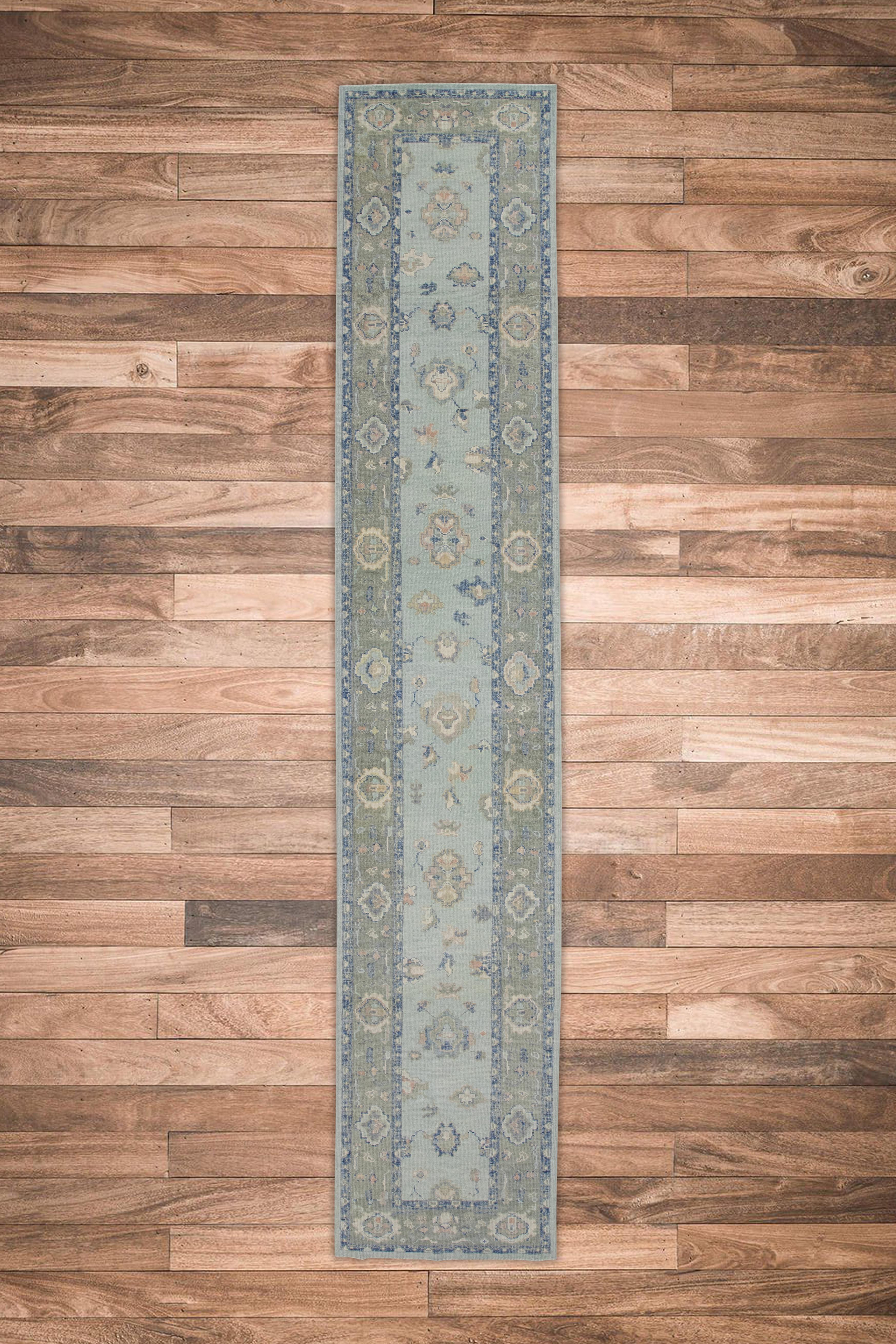 Türkischer Oushak-Läufer aus handgewebter Wolle in Blau & Grün 3' X 16'1