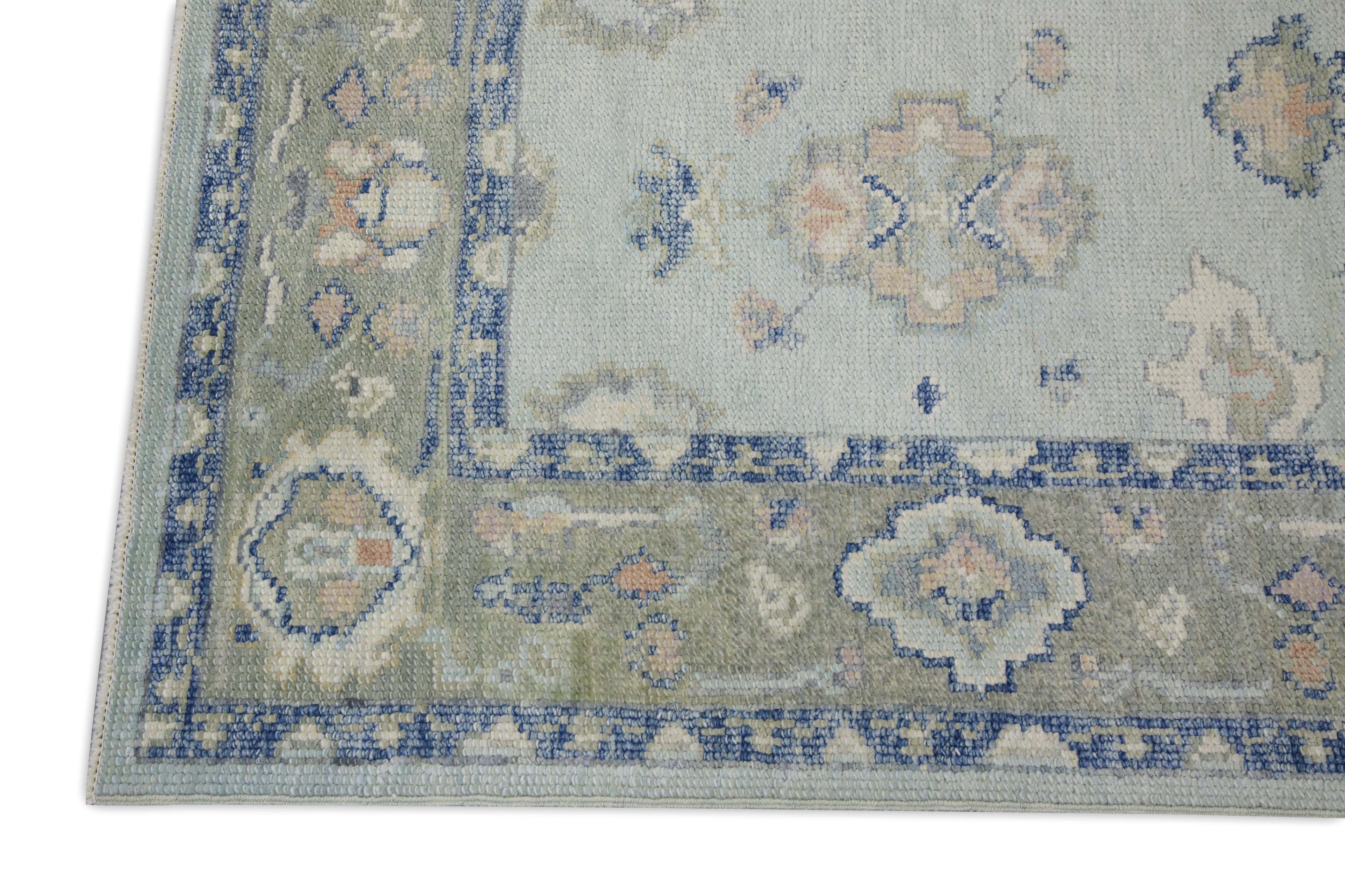 Türkischer Oushak-Läufer aus handgewebter Wolle in Blau & Grün 3' X 16'1