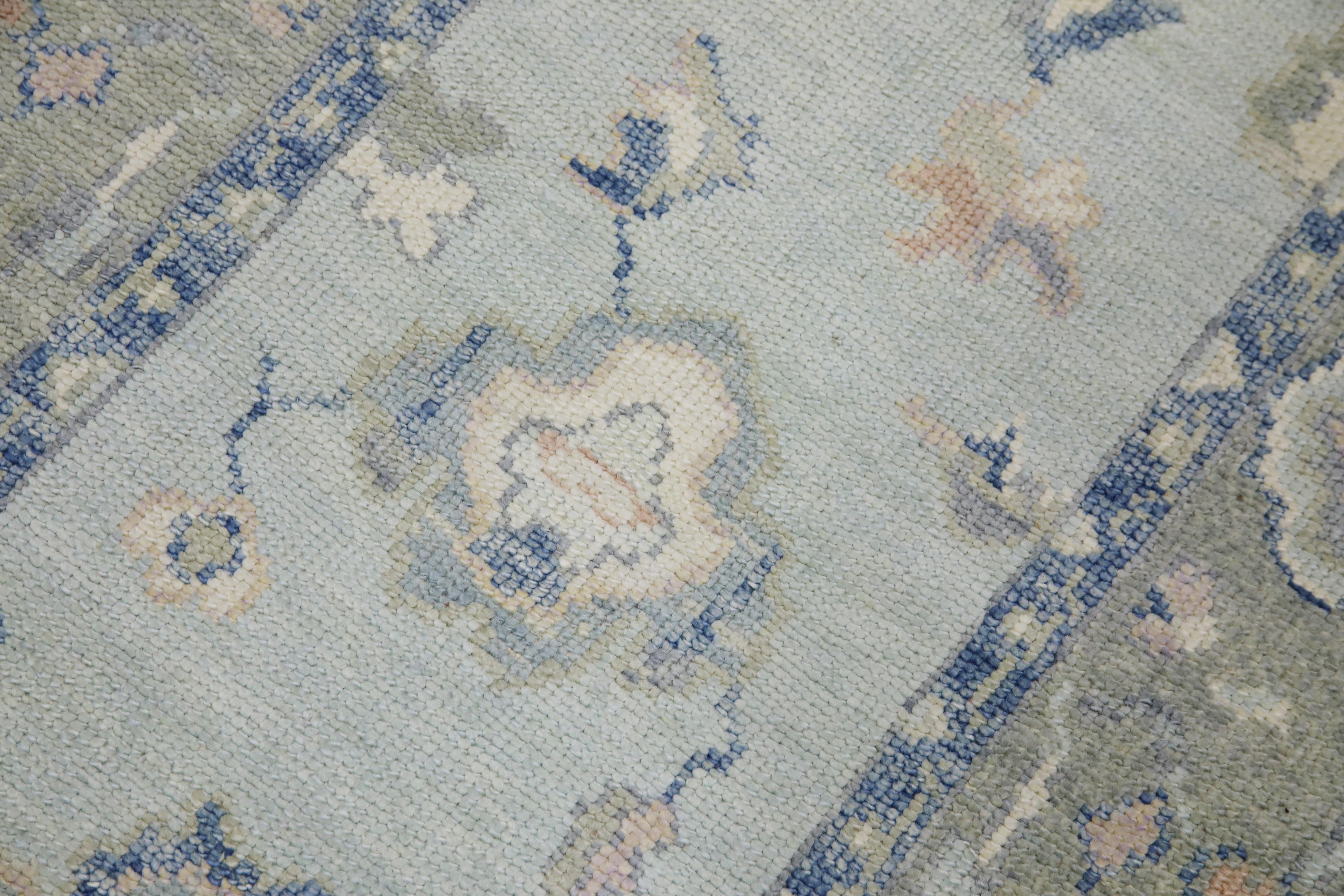 Türkischer Oushak-Läufer aus handgewebter Wolle in Blau & Grün 3' X 16'1