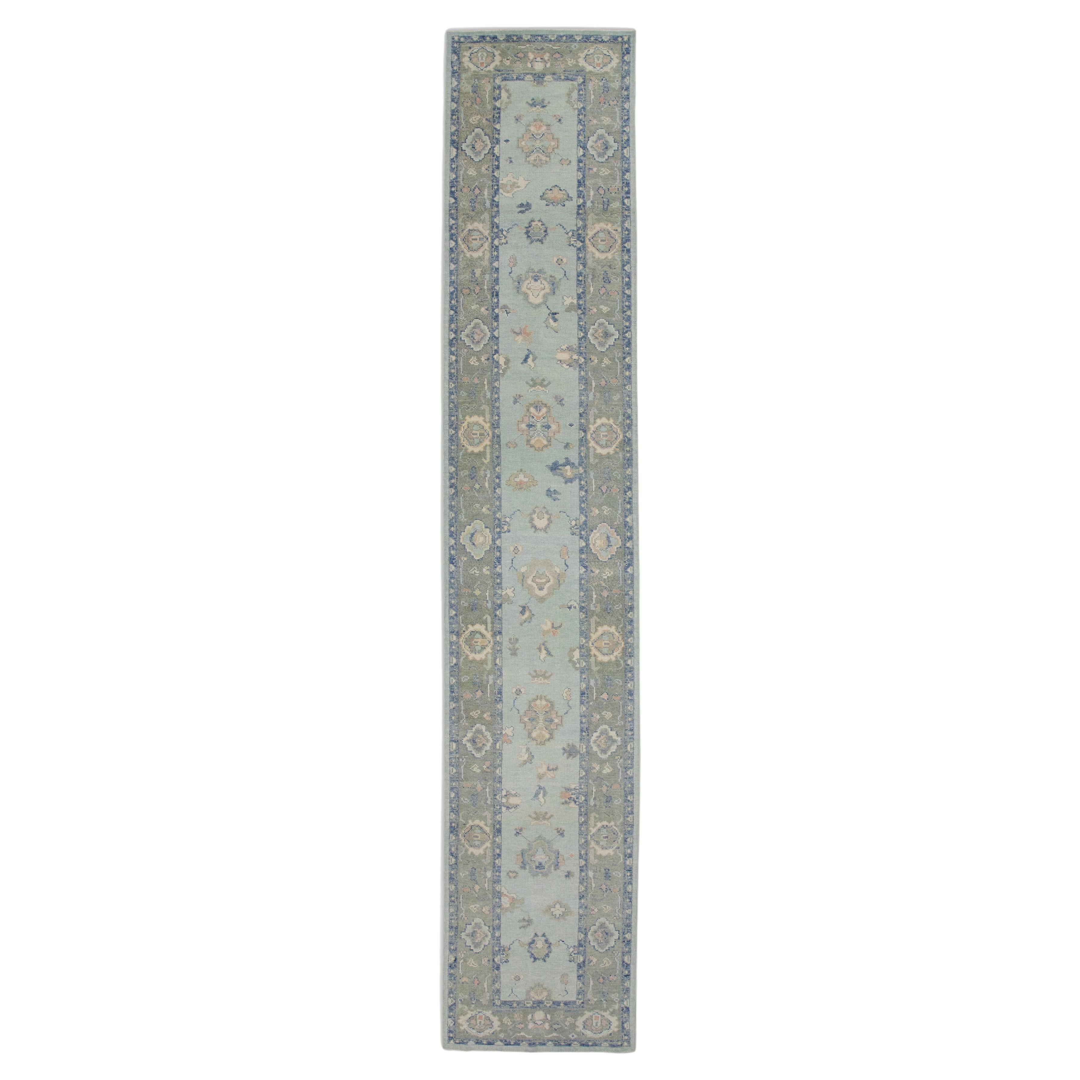 Turkish Oushak Runner Rug Blue & Green Handwoven Wool Rug 3' X 16'1"