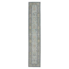 Turkish Oushak Runner Rug Blue & Green Handwoven Wool Rug 3' X 16'1"