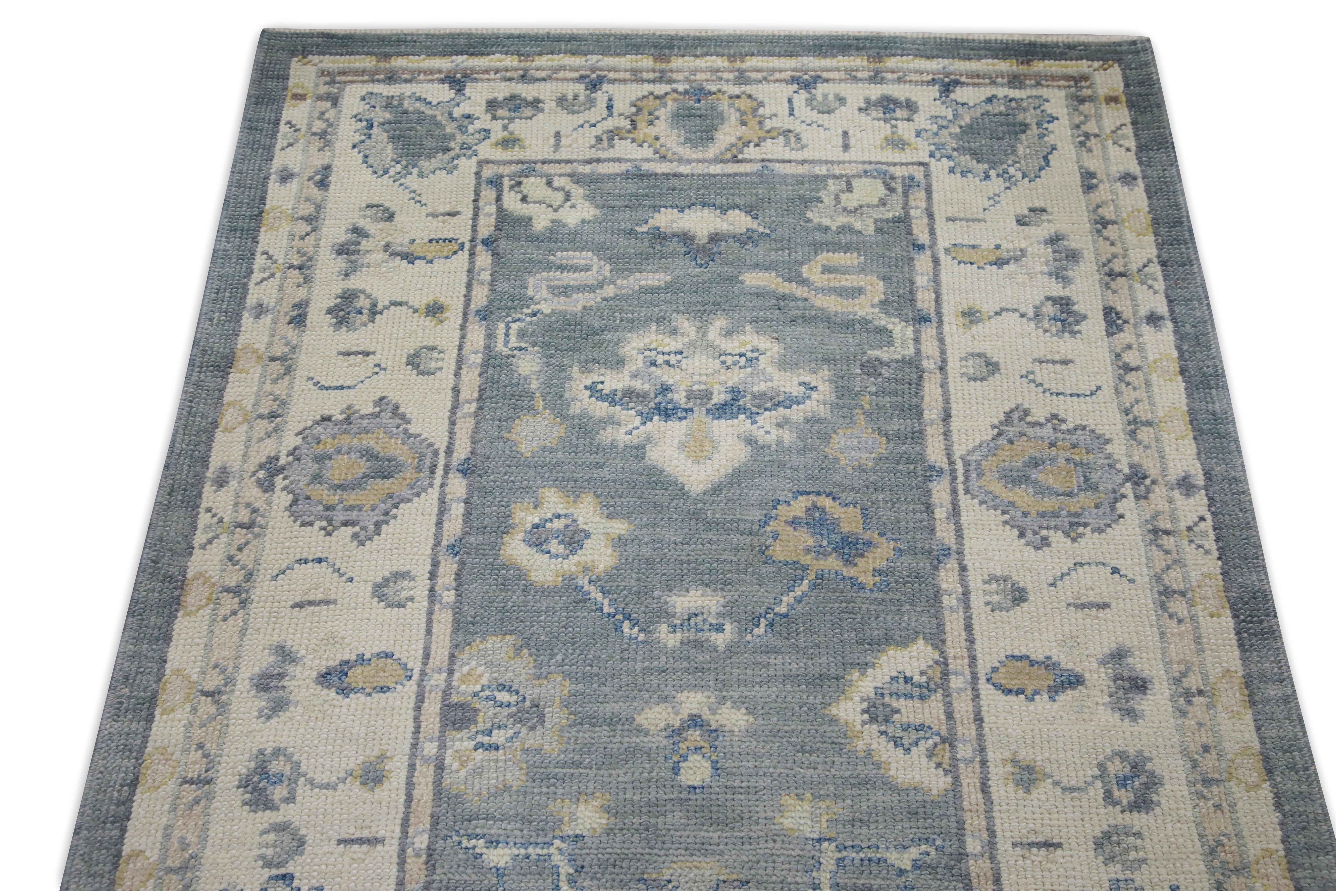 Tappeto Oushak Runner Turco Blu, Avorio e Taupe Tessuto a mano in lana 3'3