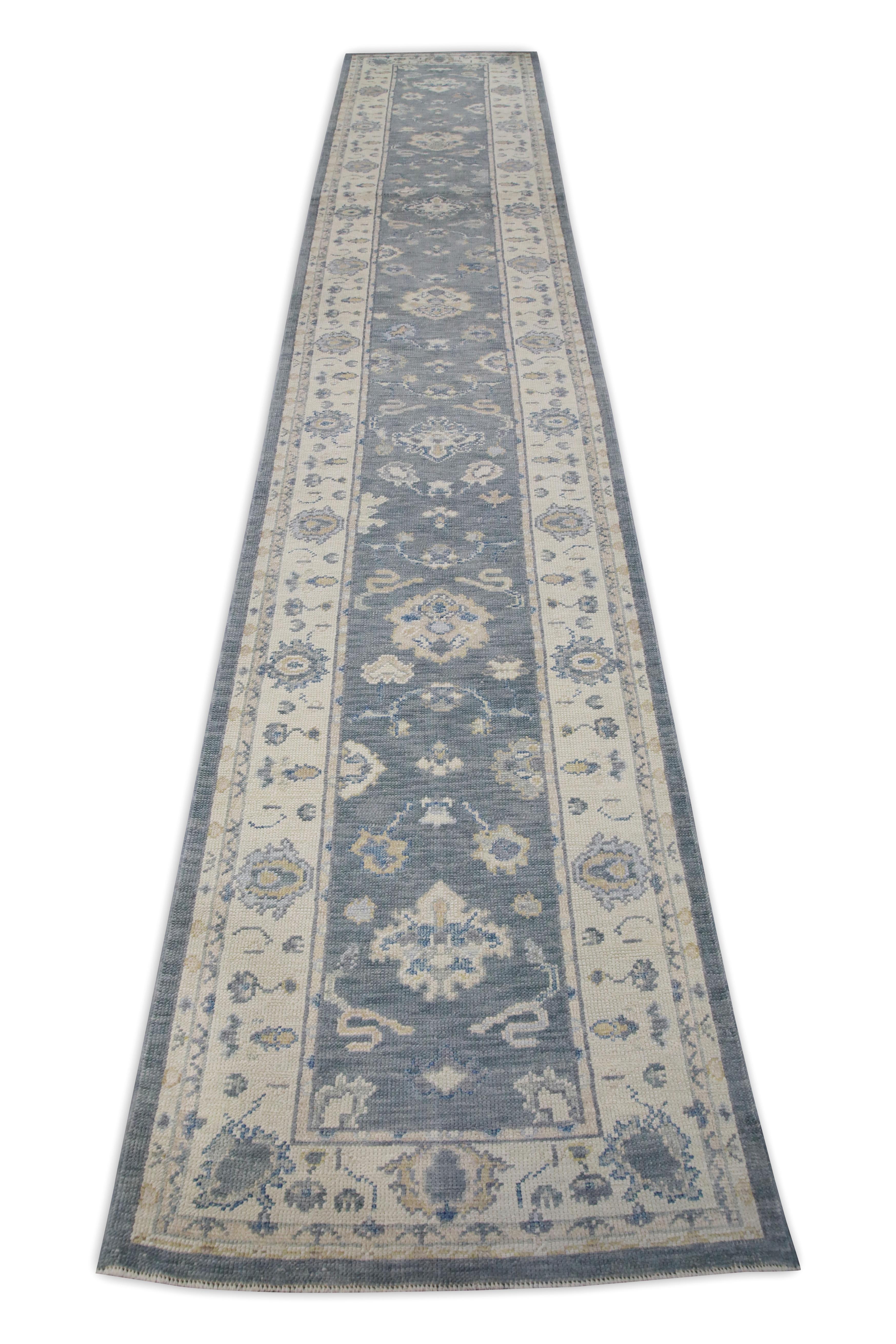 Lana Tappeto Oushak Runner Turco Blu, Avorio e Taupe Tessuto a mano in lana 3'3