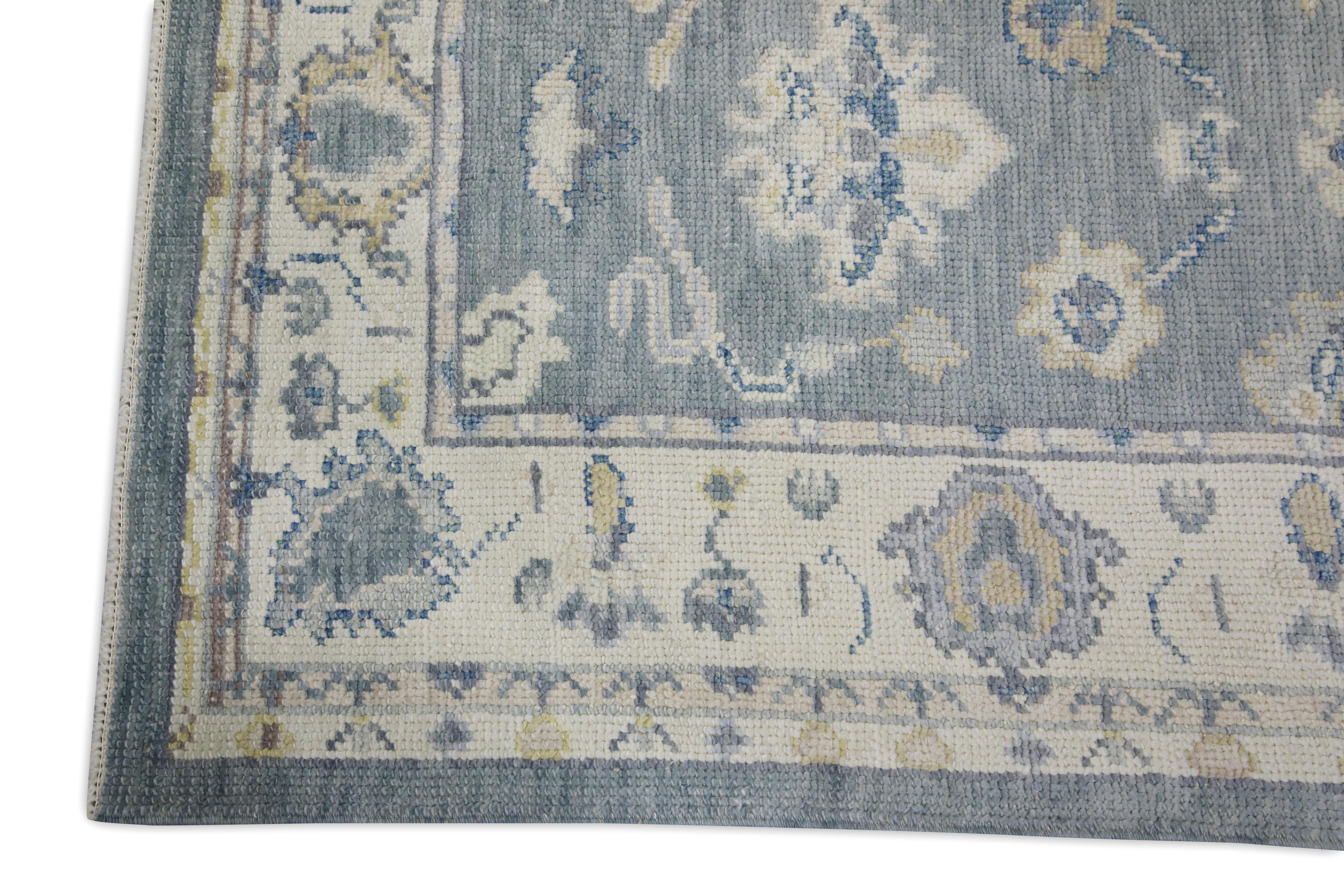 Tappeto Oushak Runner Turco Blu, Avorio e Taupe Tessuto a mano in lana 3'3