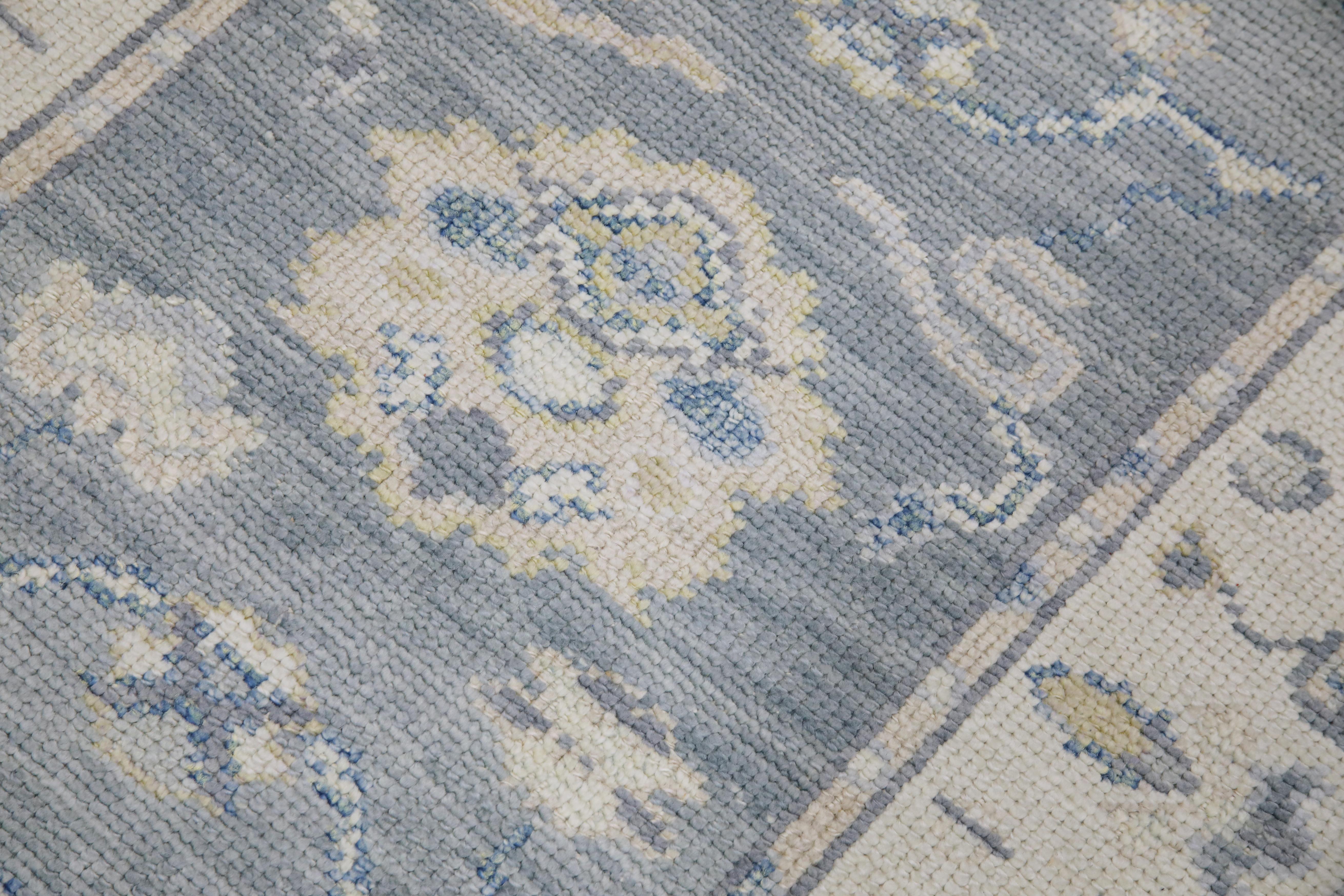 Tappeto Oushak Runner Turco Blu, Avorio e Taupe Tessuto a mano in lana 3'3