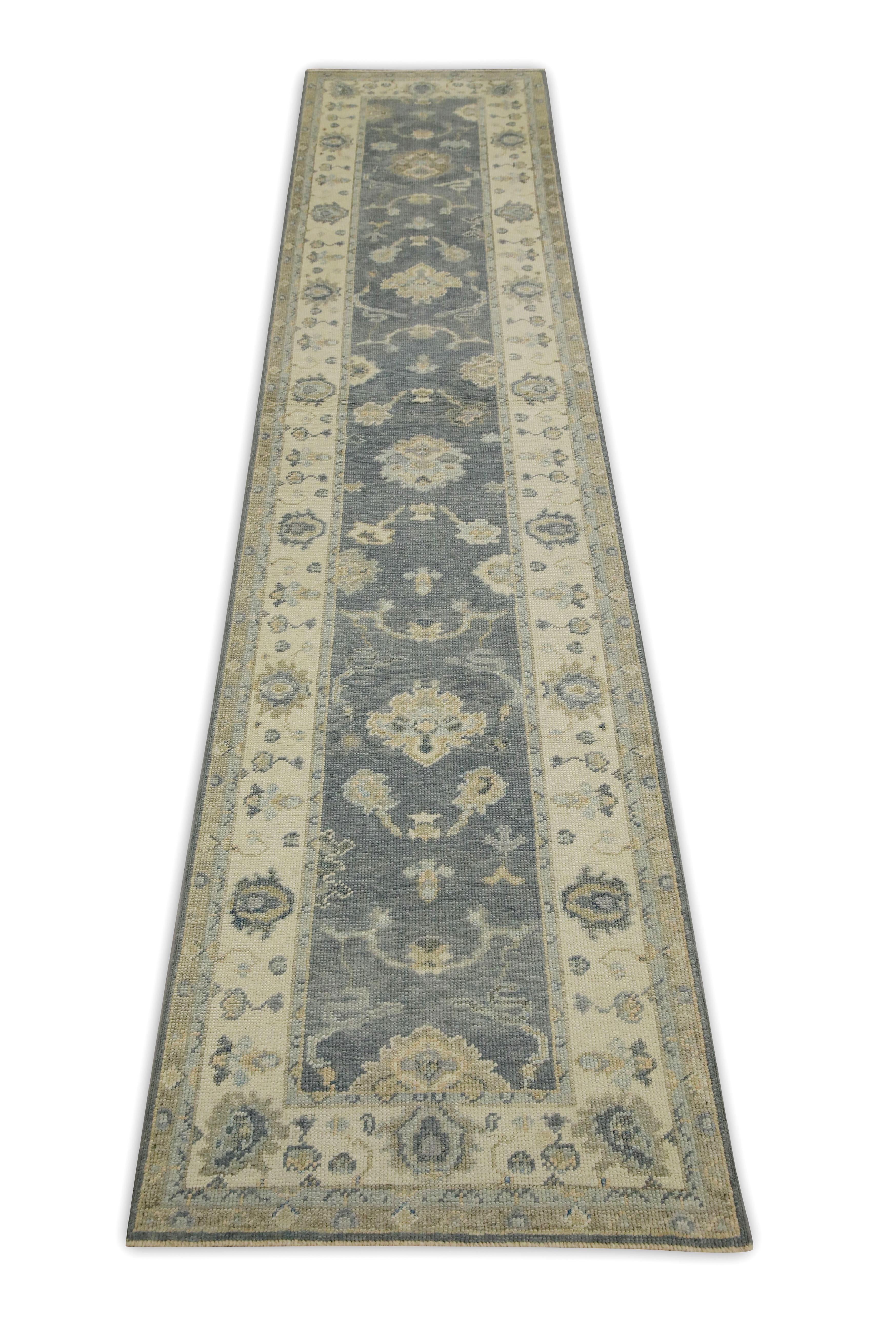 Turkish Oushak Runner Rug Blue & Ivory Handwoven Wool Rug  2'9