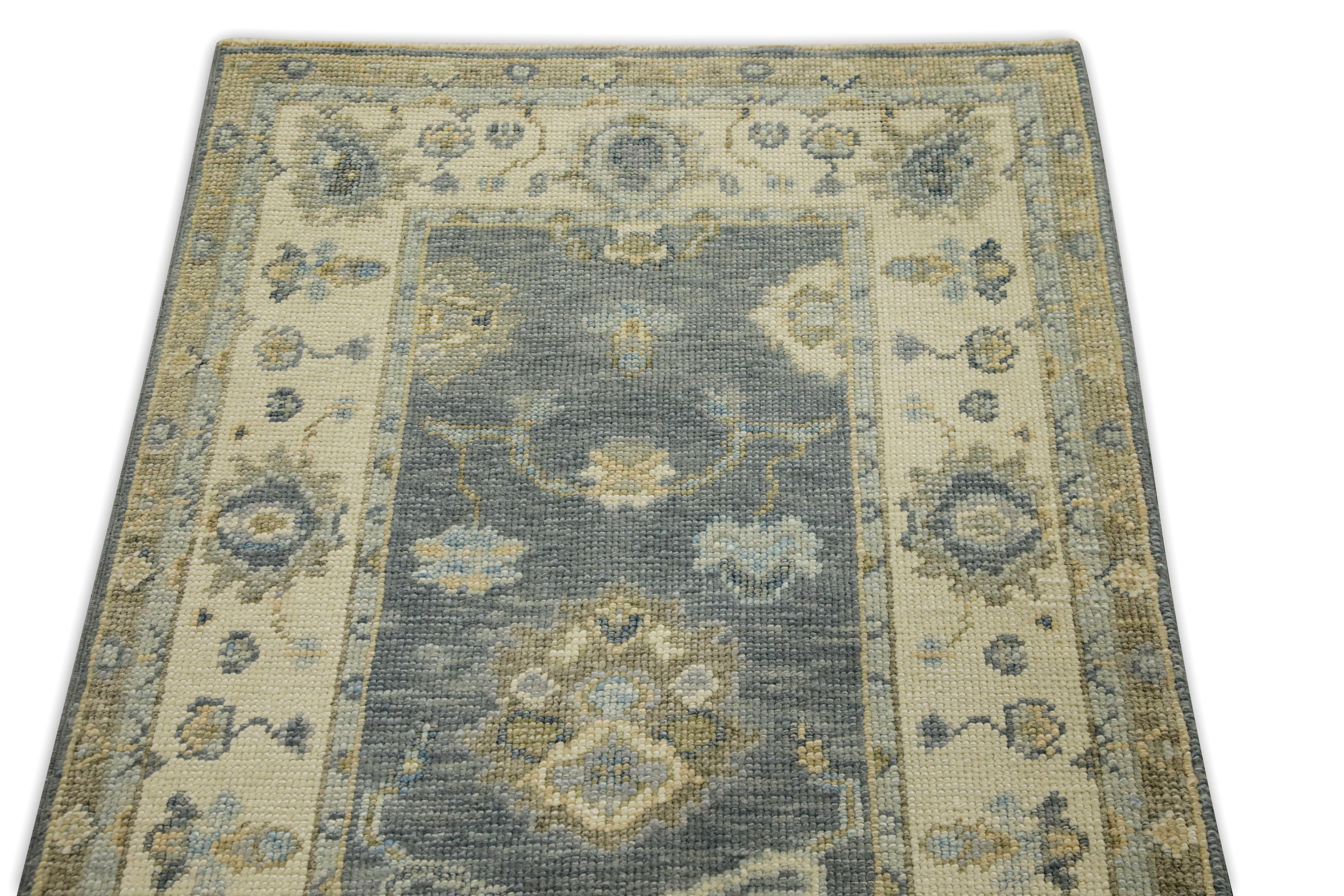 XXIe siècle et contemporain Turkish Oushak Runner Rug Blue & Ivory Handwoven Wool Rug  2'9