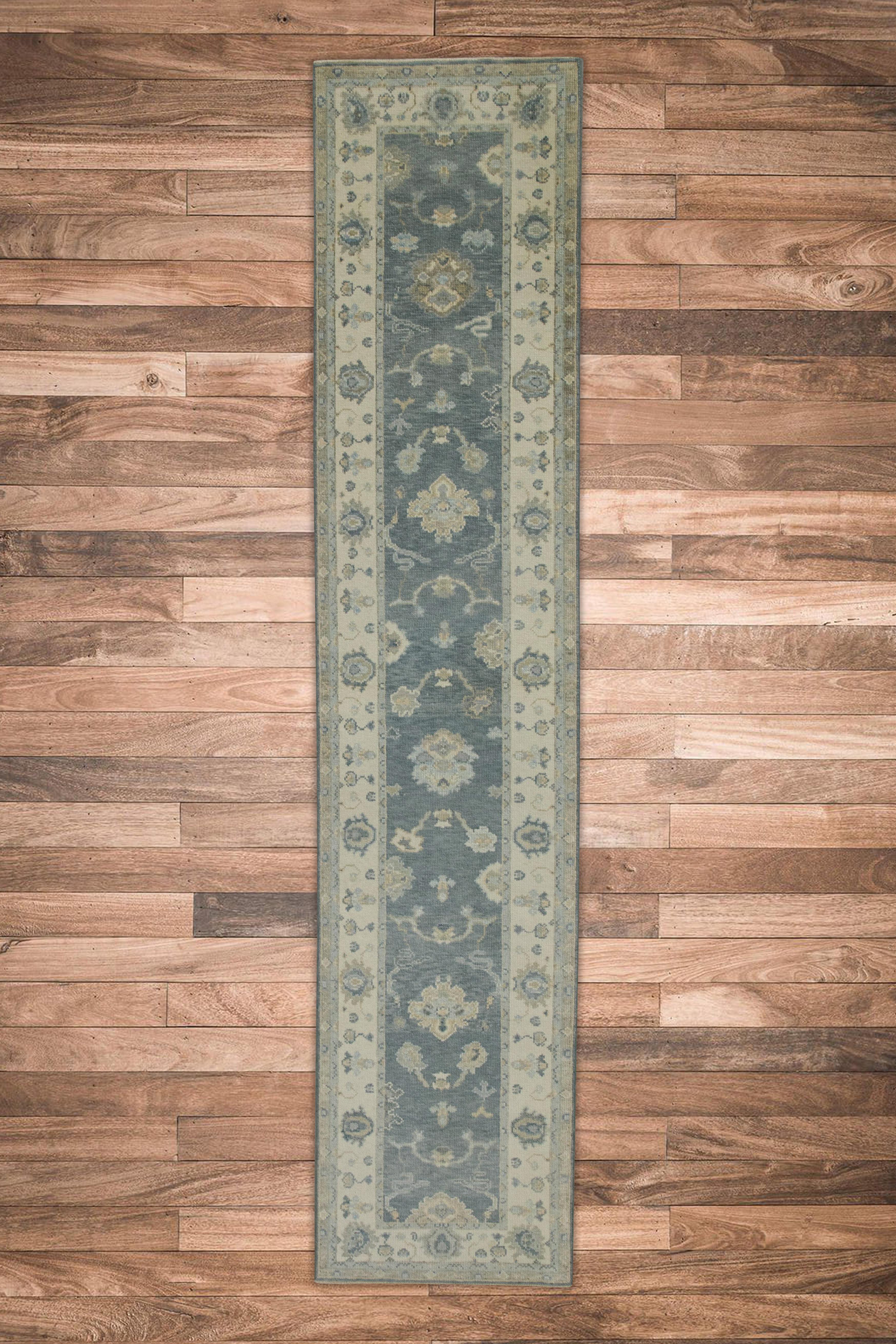 Turkish Oushak Runner Rug Blue & Ivory Handwoven Wool Rug  2'9