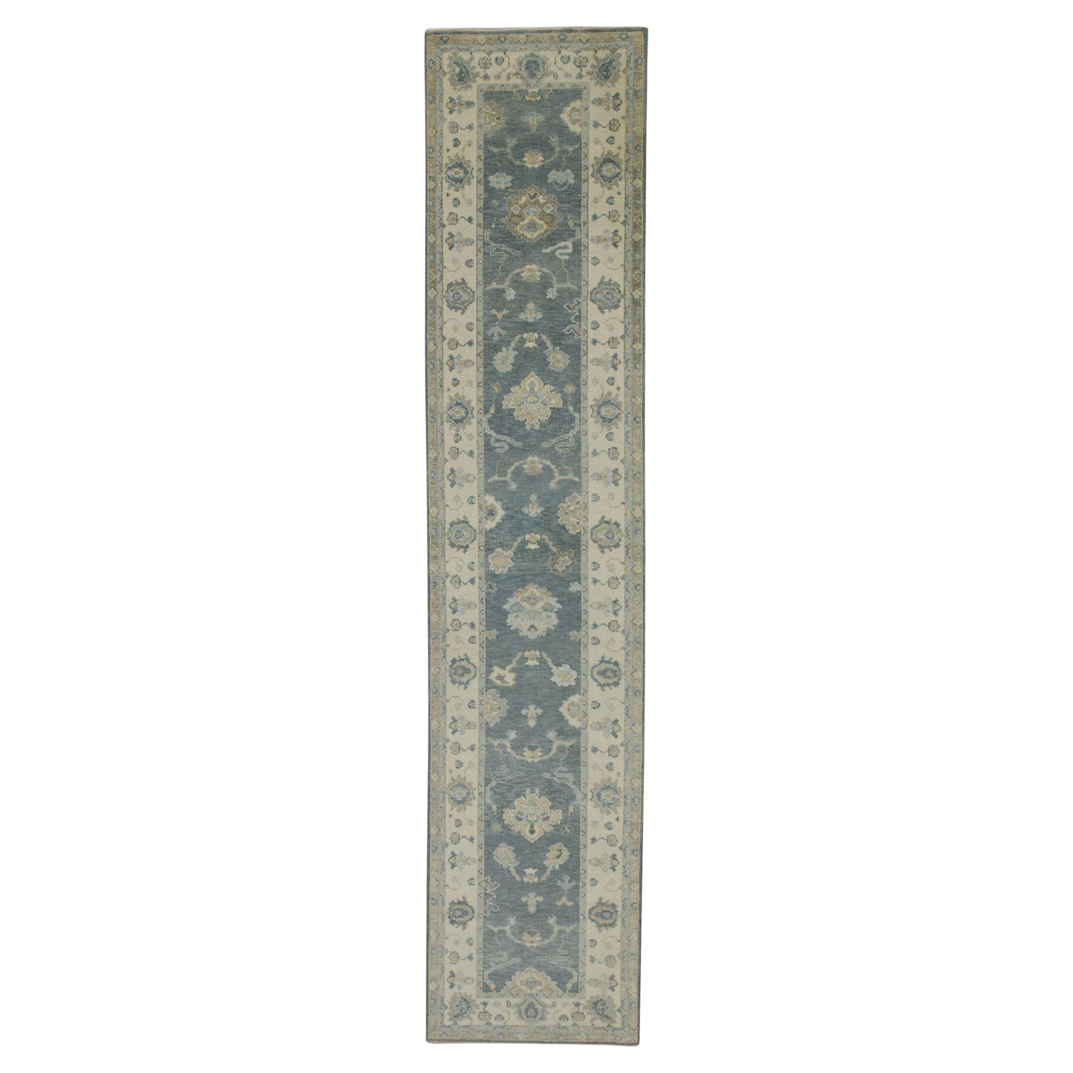 Turkish Oushak Runner Rug Blue & Ivory Handwoven Wool Rug  2'9" x 13'2" en vente