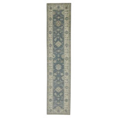 Turkish Oushak Runner Rug Blue & Ivory Handwoven Wool Rug  2'9" x 13'2"