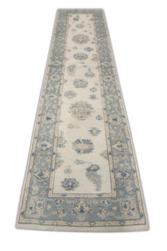 Turkish Oushak Runner Rug Blue & Mauve Handwoven Wool Rug 2'10" x 11'9"