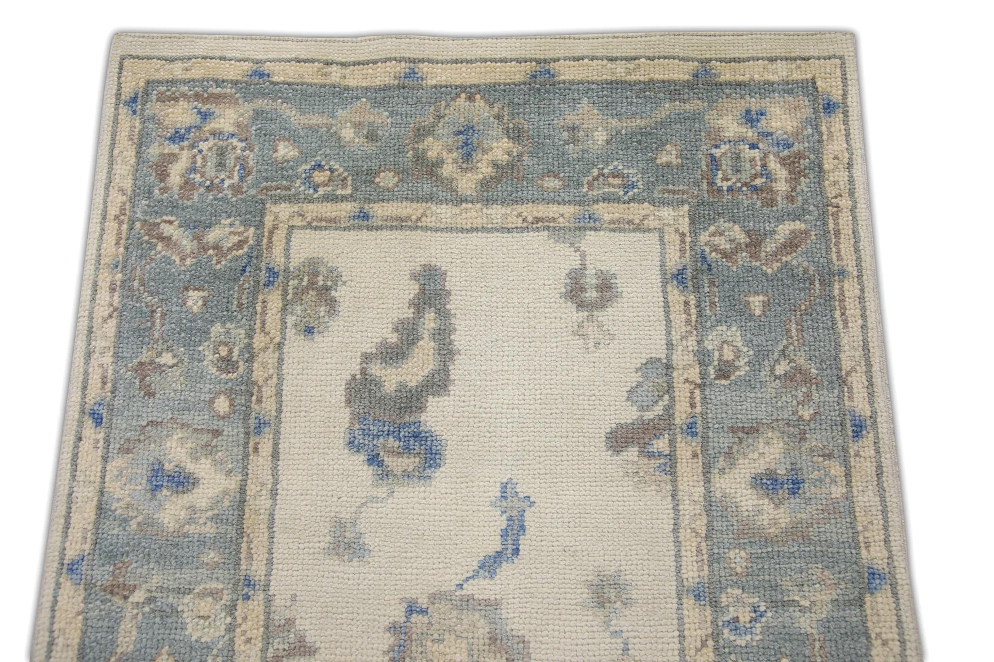 Türkischer Oushak Läufer Teppich Blau & Mauve Handgewebter Wollteppich 2'10
