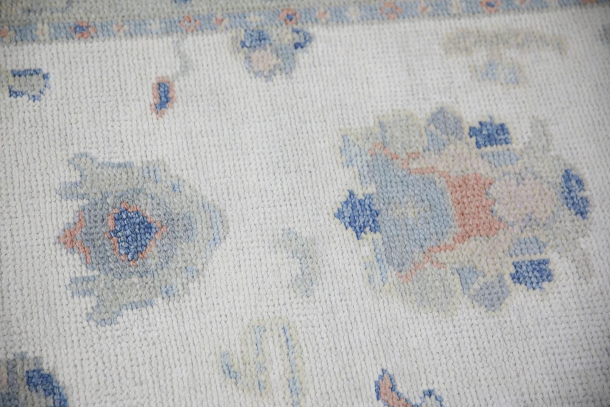 Turkish Oushak Runner Rug Blue, Peach, and Sage Handwoven Wool Rug 2'8