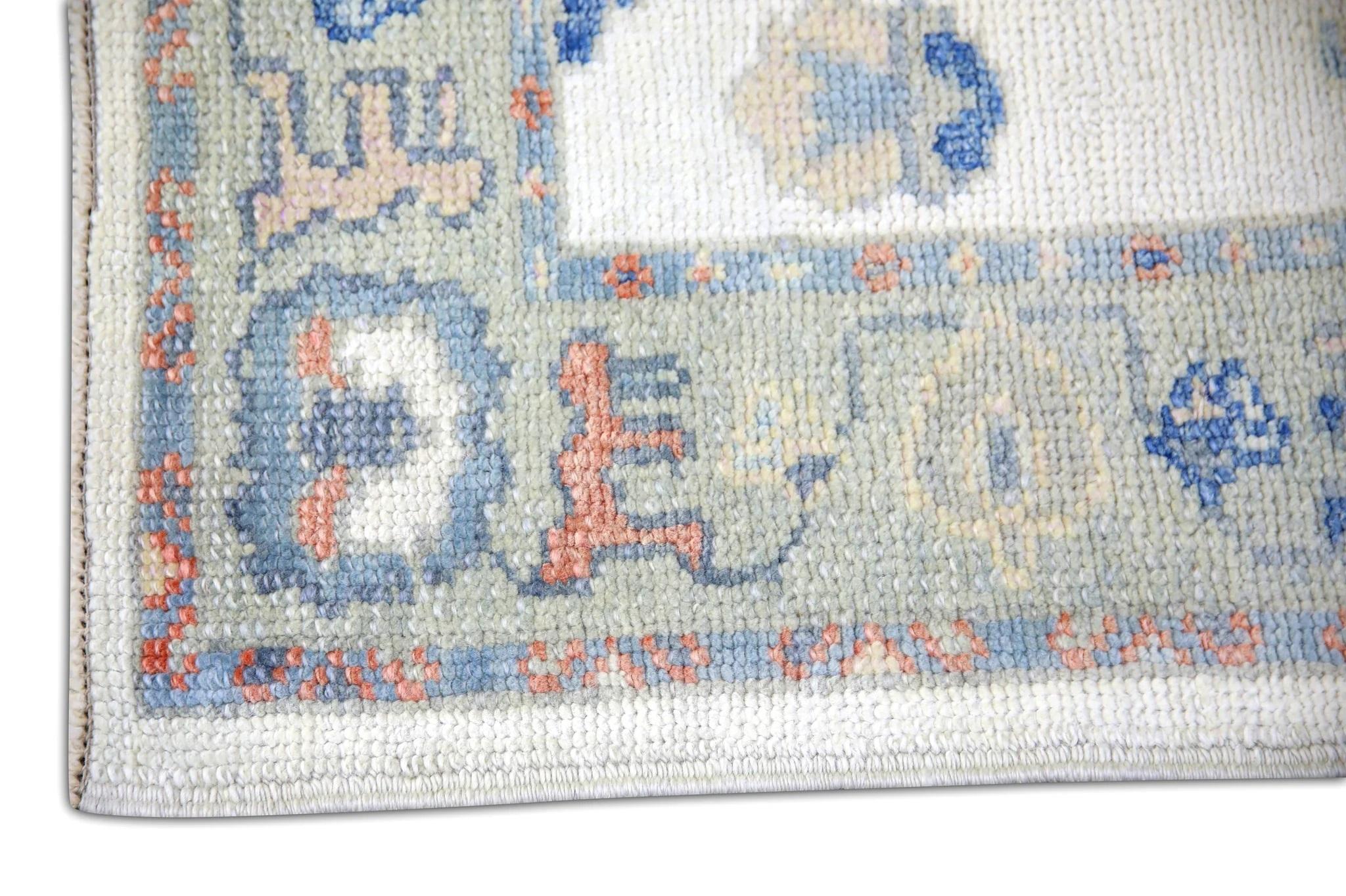 Vegetable Dyed Turkish Oushak Runner Rug Blue, Peach, and Sage Handwoven Wool Rug 2'8