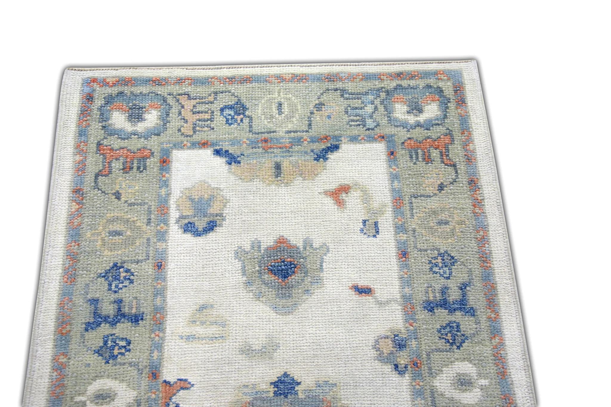 Turkish Oushak Runner Rug Blue, Peach, and Sage Handwoven Wool Rug 2'8