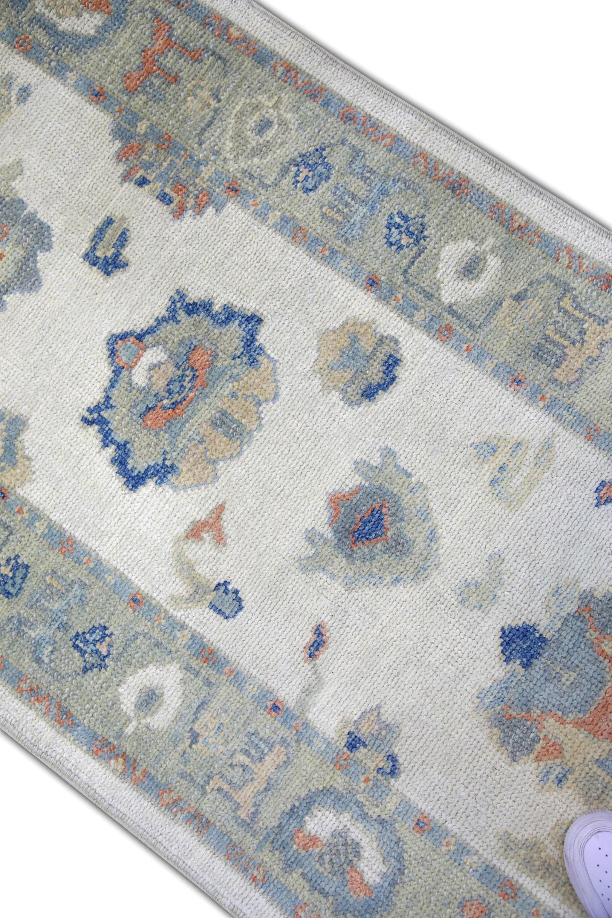 Contemporary Turkish Oushak Runner Rug Blue, Peach, and Sage Handwoven Wool Rug 2'8