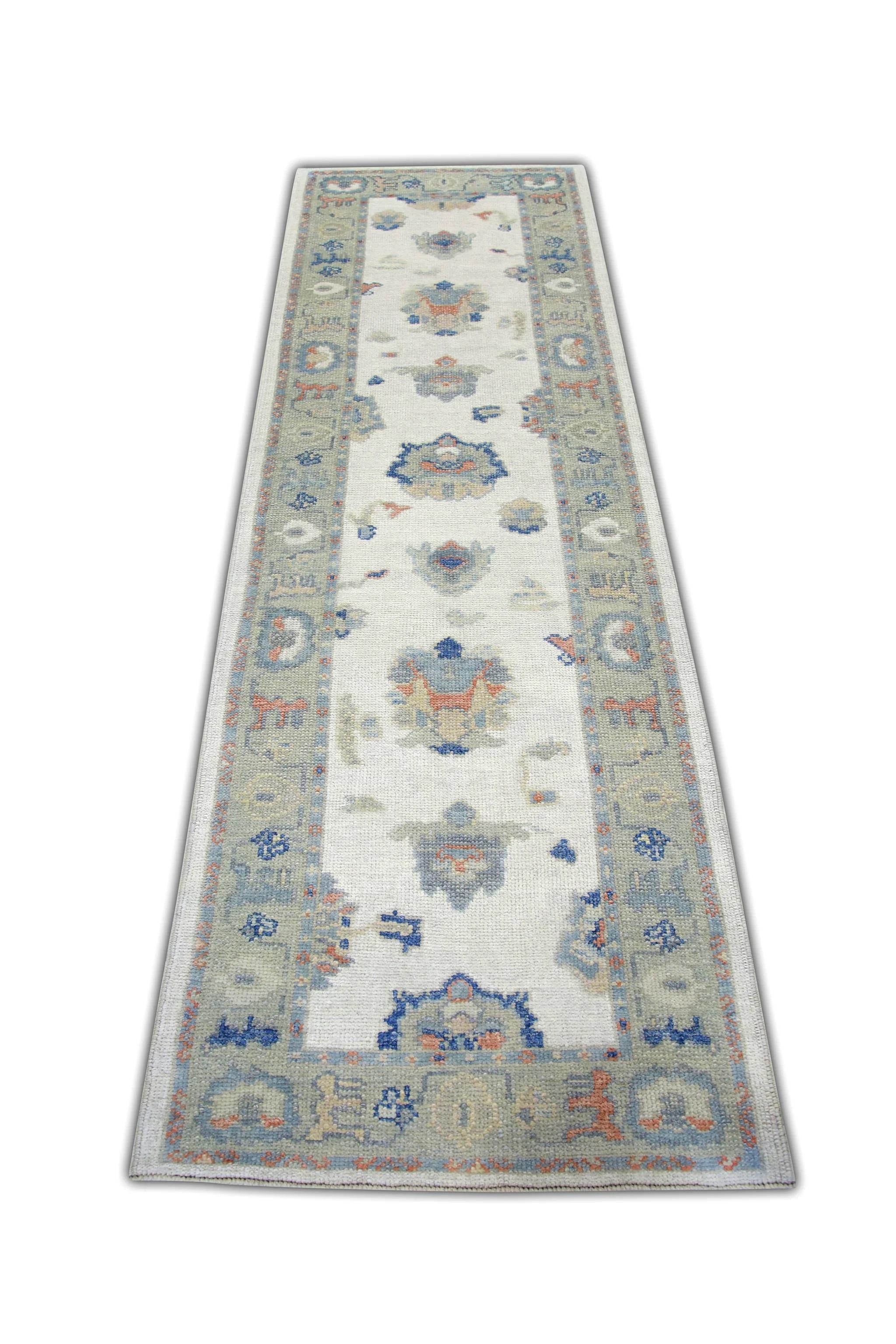 Turkish Oushak Runner Rug Blue, Peach, and Sage Handwoven Wool Rug 2'8