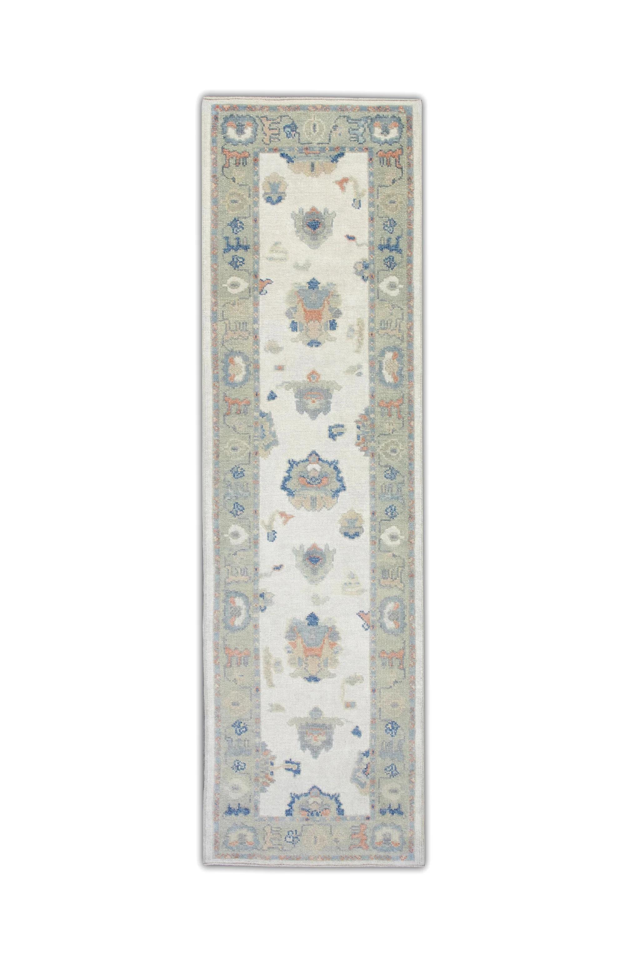 Turkish Oushak Runner Rug Blue, Peach, and Sage Handwoven Wool Rug 2'8