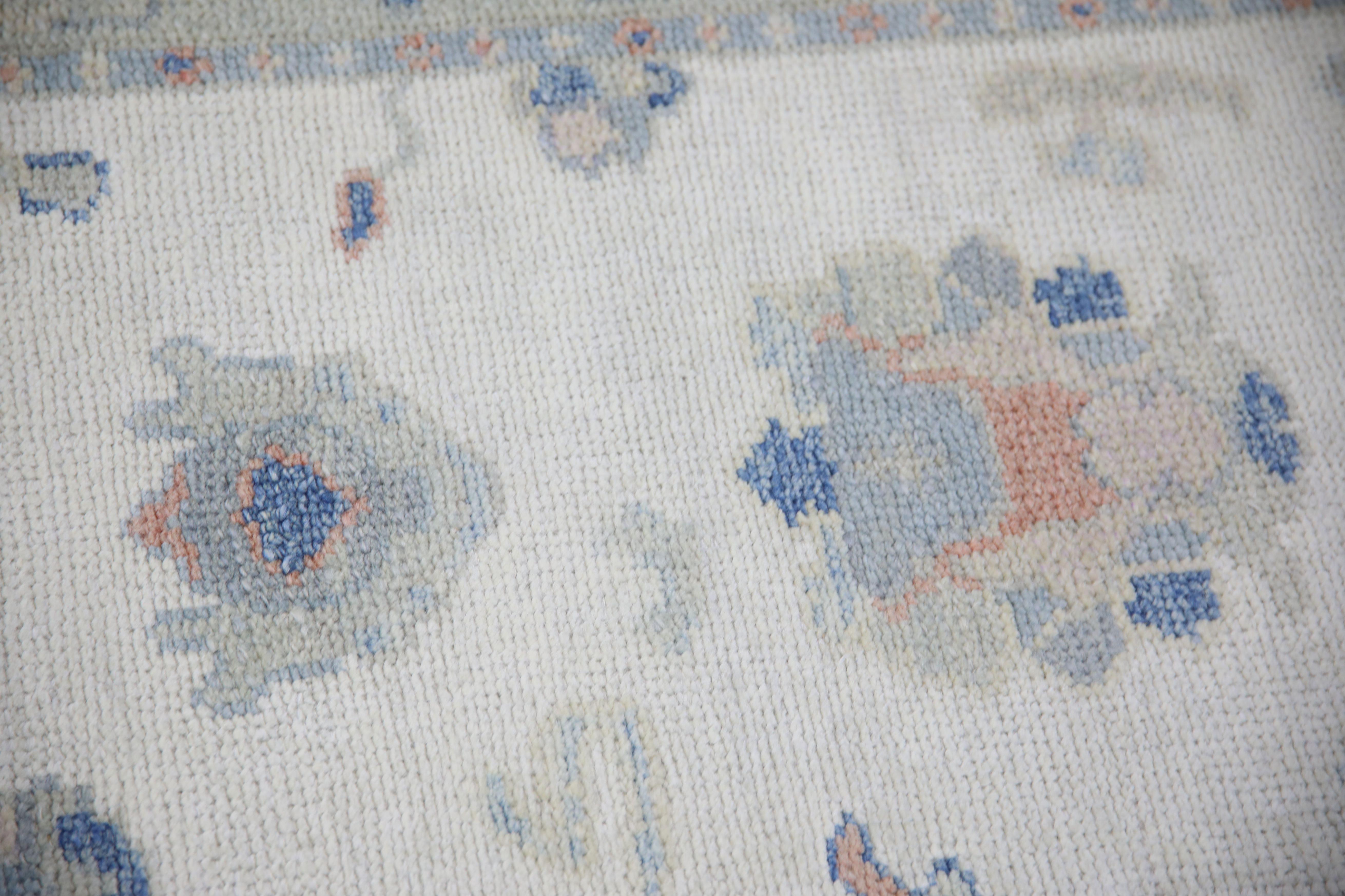 Turkish Oushak Runner Rug Blue, Peach, and Sage Handwoven Wool Rug 2'8