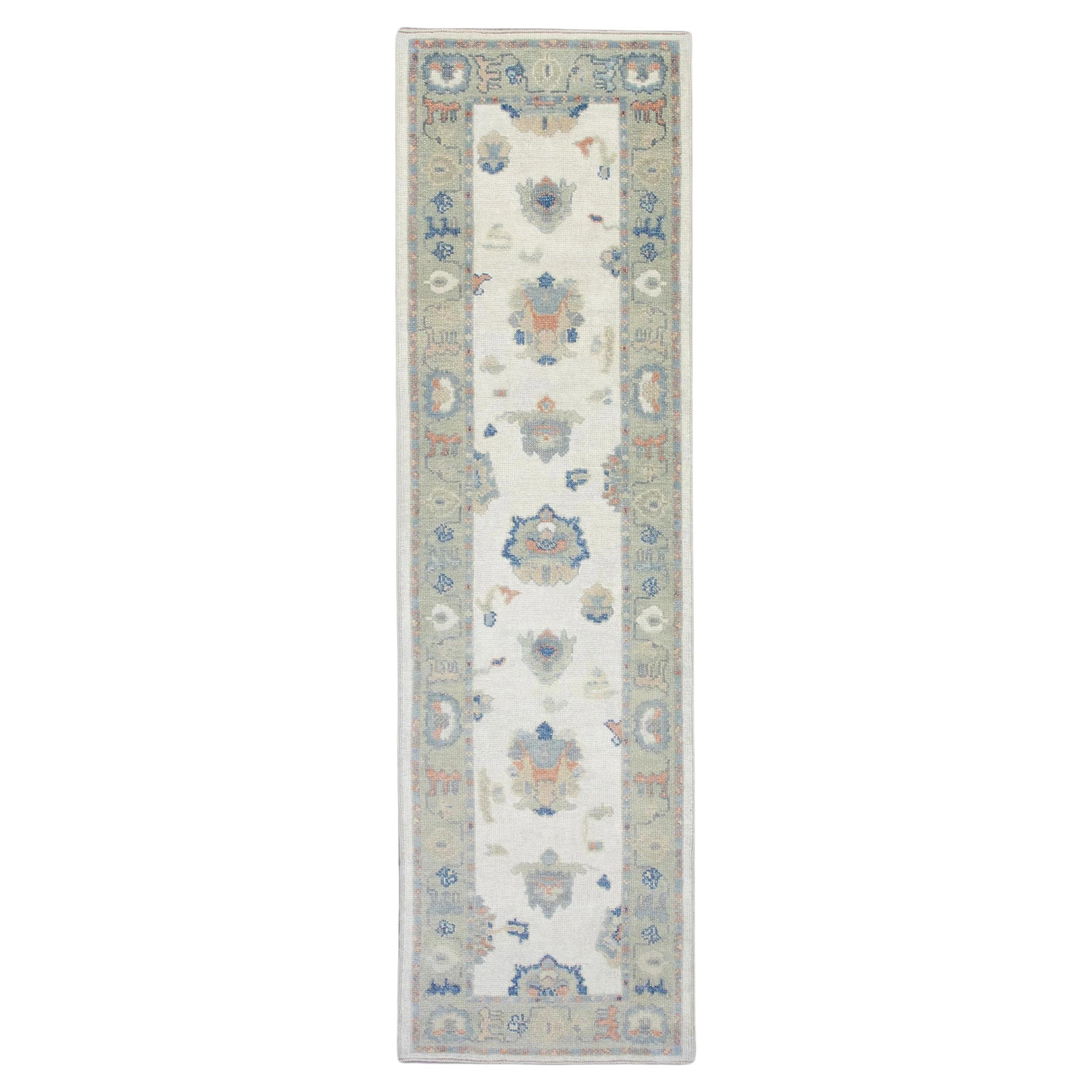 Turkish Oushak Runner Rug Blue, Peach, and Sage Handwoven Wool Rug 2'8" x 8'3" For Sale