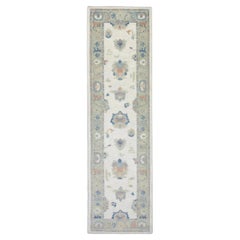 Turkish Oushak Runner Rug Blue, Peach, and Sage Handwoven Wool Rug 2'8" x 8'3"