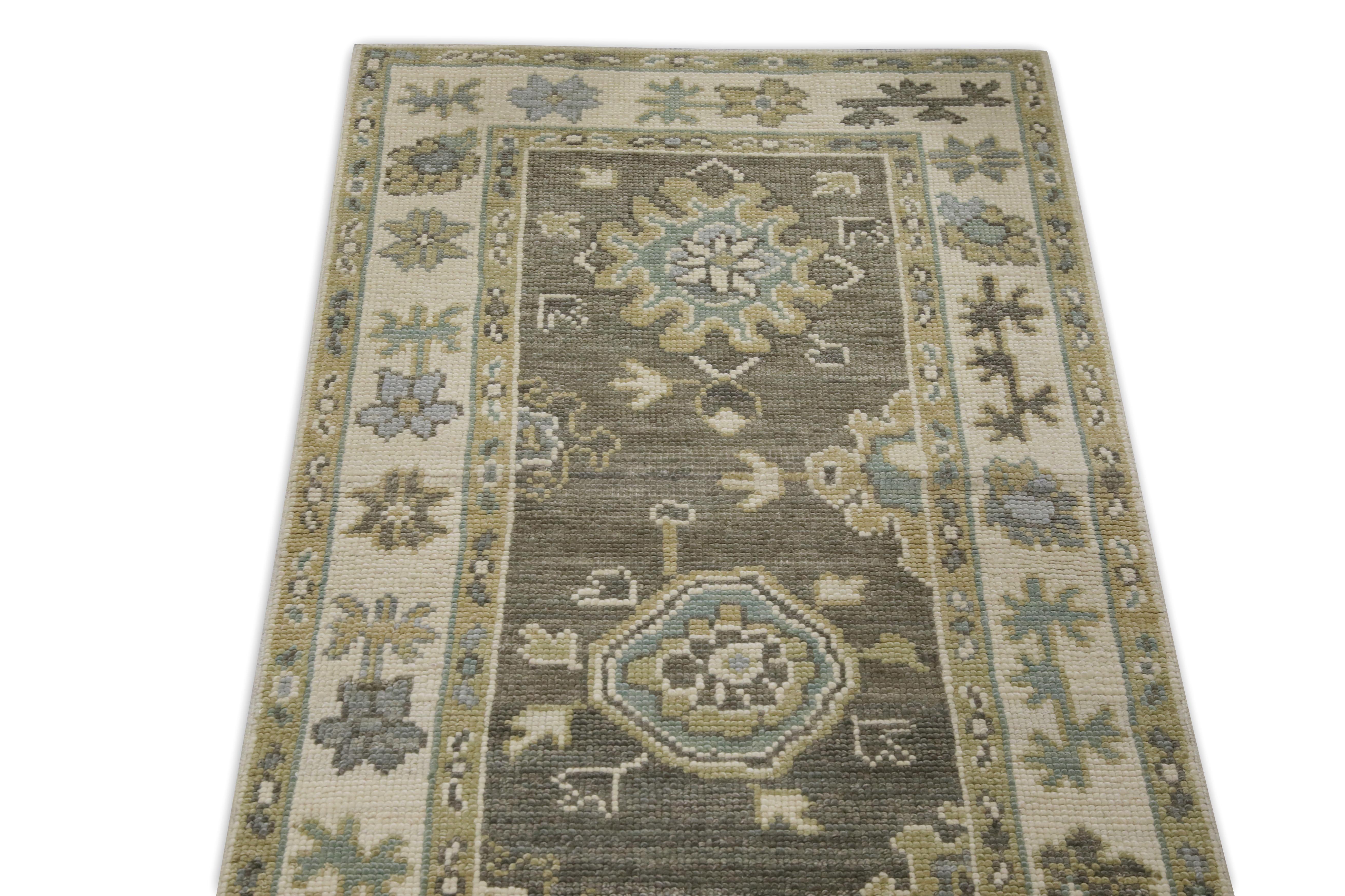 Turkish Oushak Runner  Rug Brown & Beige Floral Handwoven Wool Rug 2'7