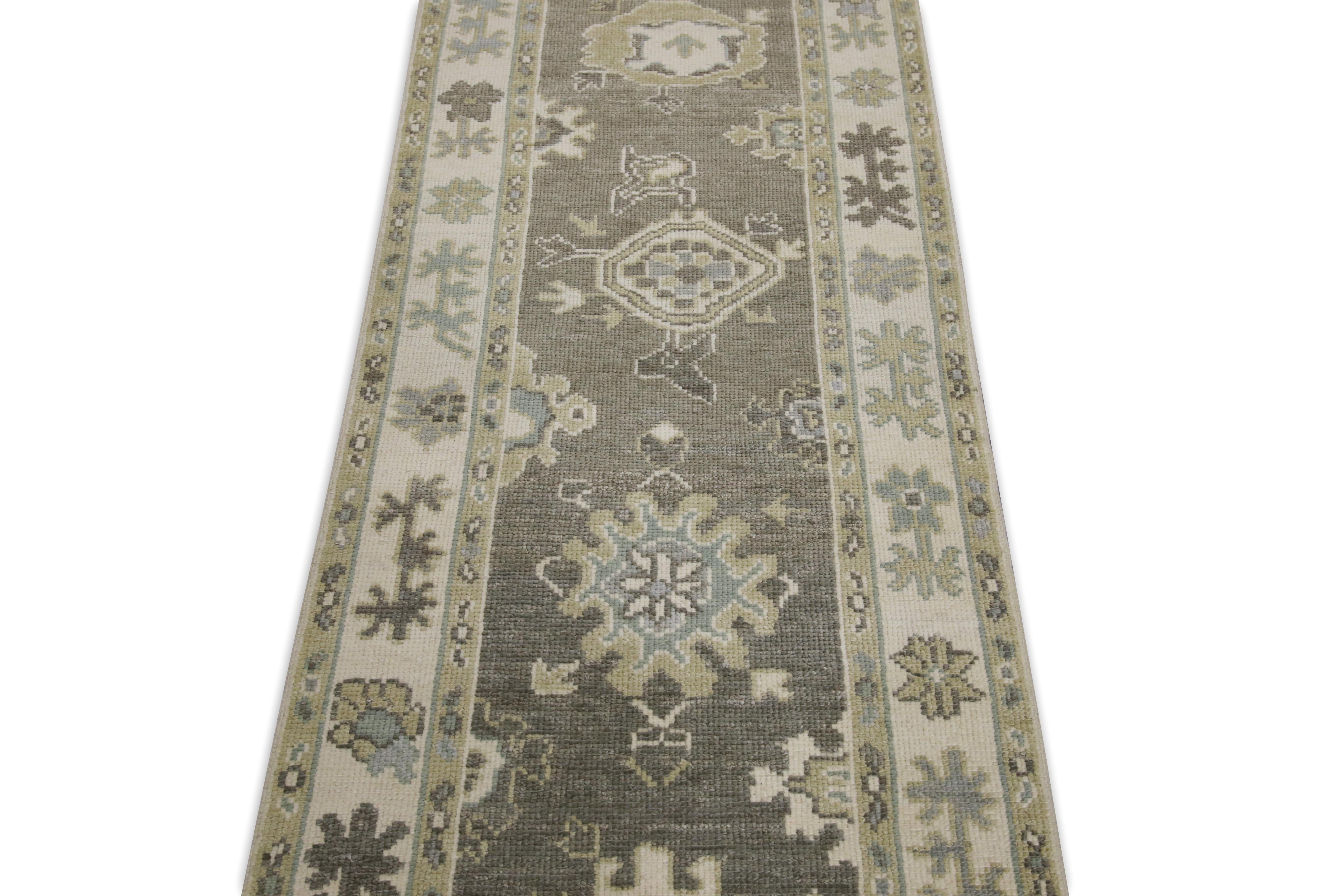 Contemporary Turkish Oushak Runner  Rug Brown & Beige Floral Handwoven Wool Rug 2'7