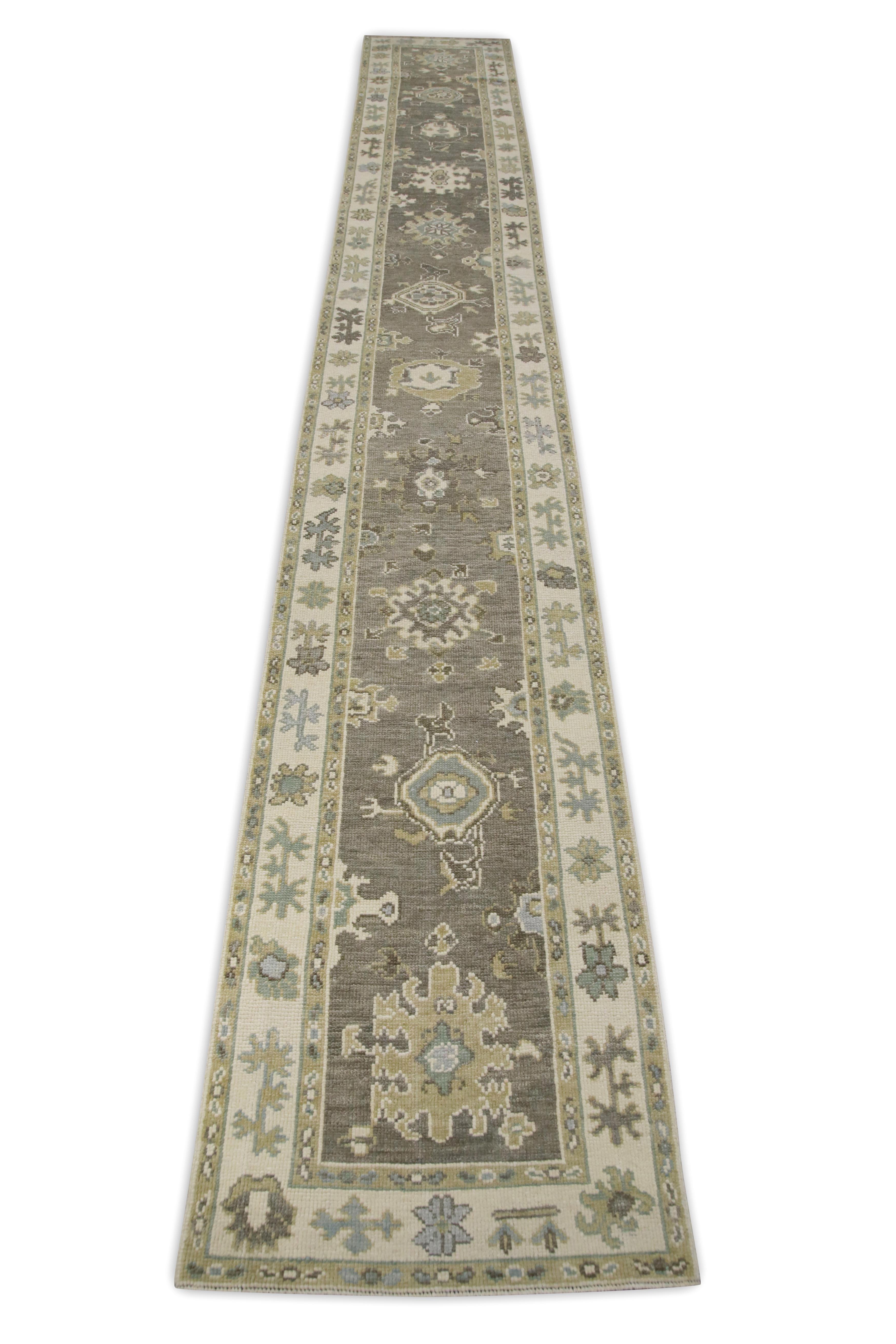 Turkish Oushak Runner  Rug Brown & Beige Floral Handwoven Wool Rug 2'7