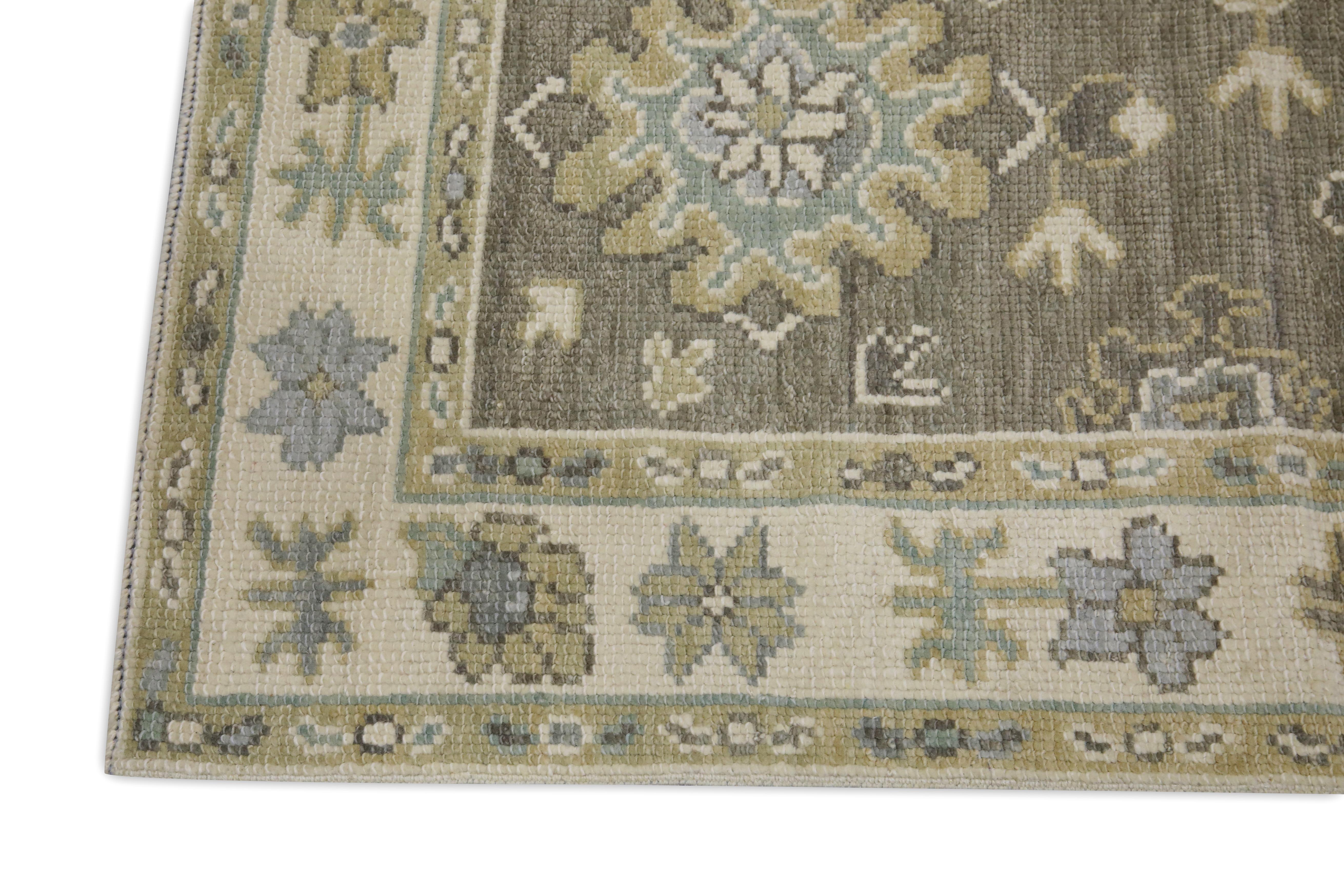 Turkish Oushak Runner  Rug Brown & Beige Floral Handwoven Wool Rug 2'7