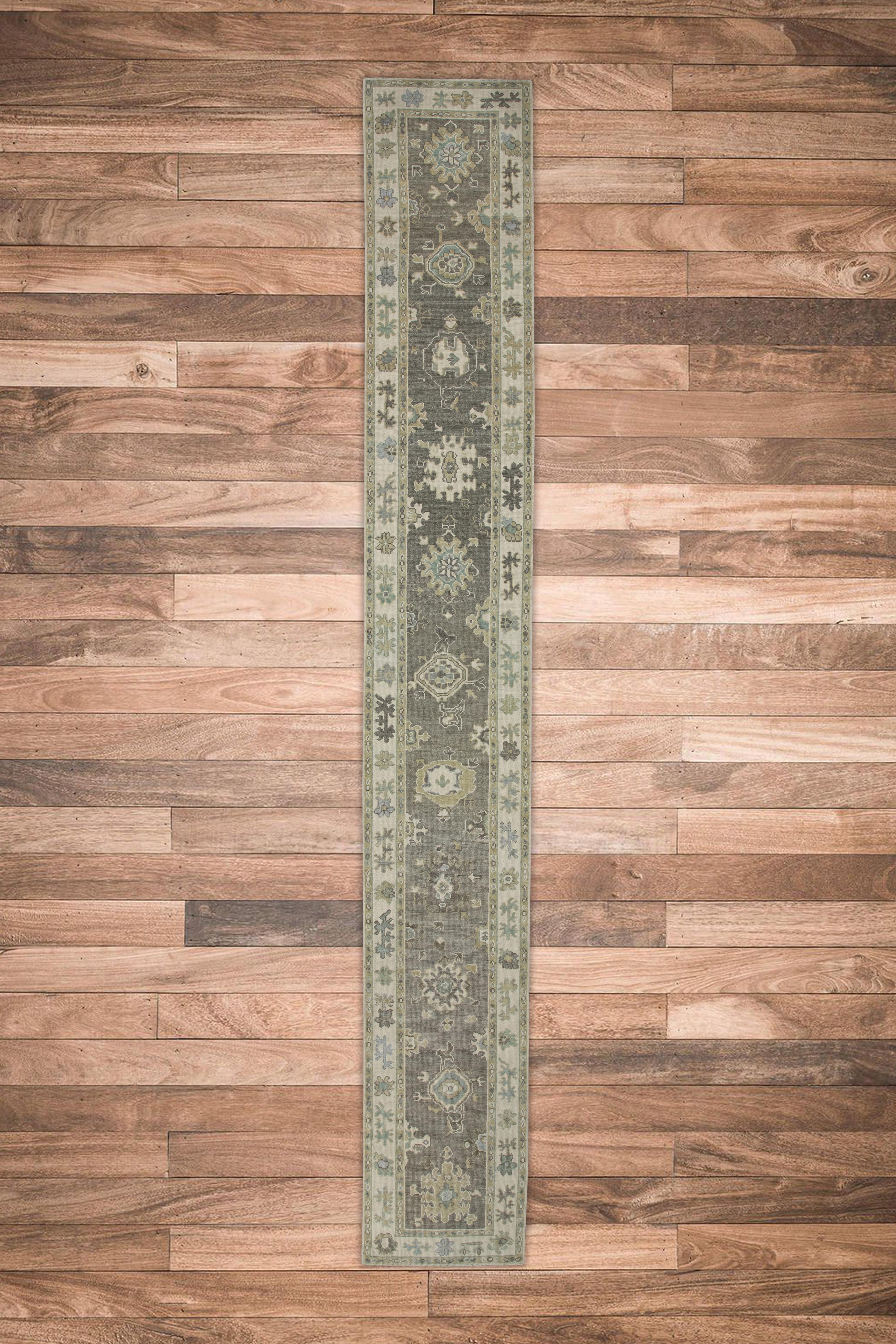Turkish Oushak Runner  Rug Brown & Beige Floral Handwoven Wool Rug 2'7
