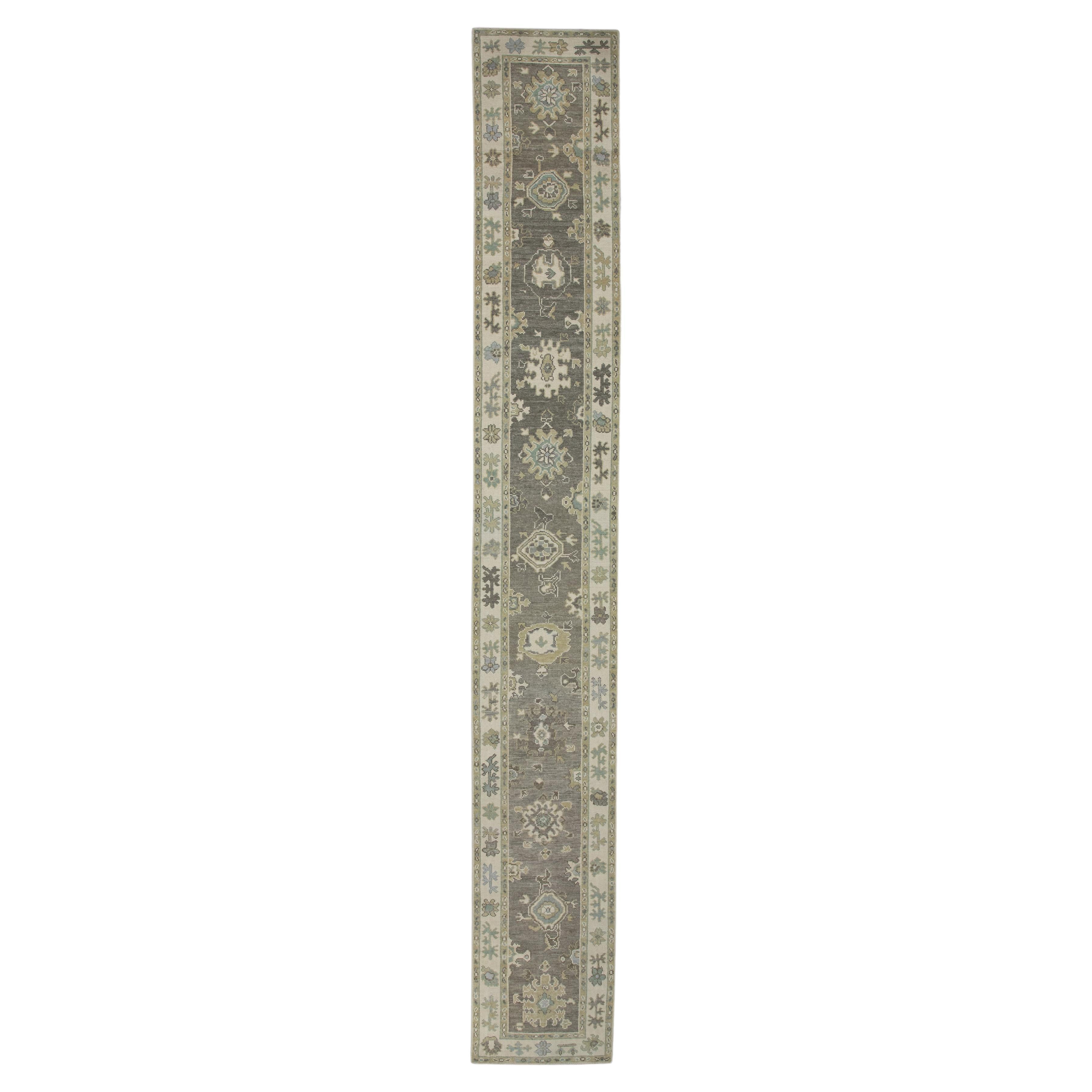 Turkish Oushak Runner  Rug Brown & Beige Floral Handwoven Wool Rug 2'7" X 17'9" For Sale