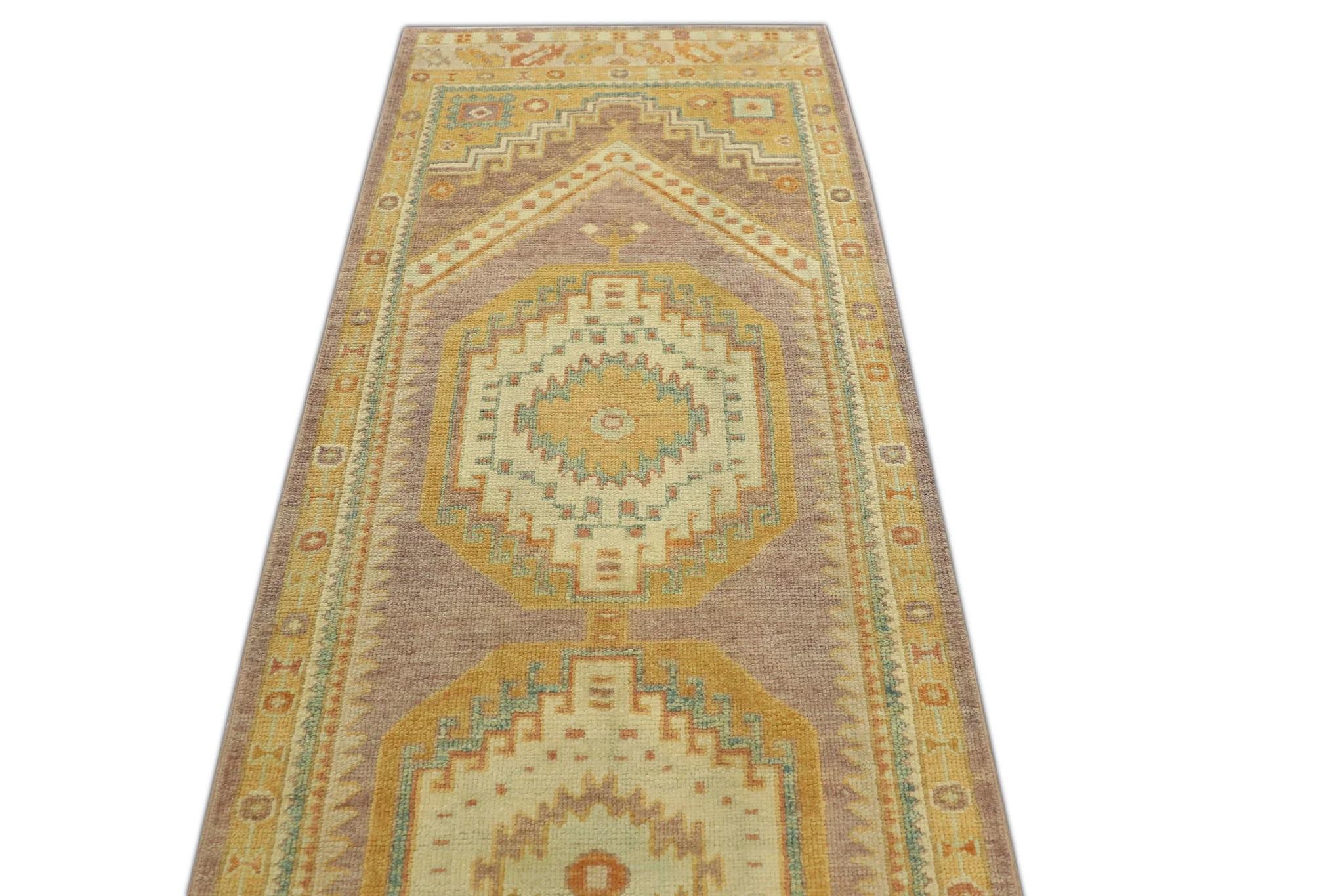 Moderno Tappeto Oushak Runner Turco Oro Morbido Lavanda Tessuto a mano in lana 3'1