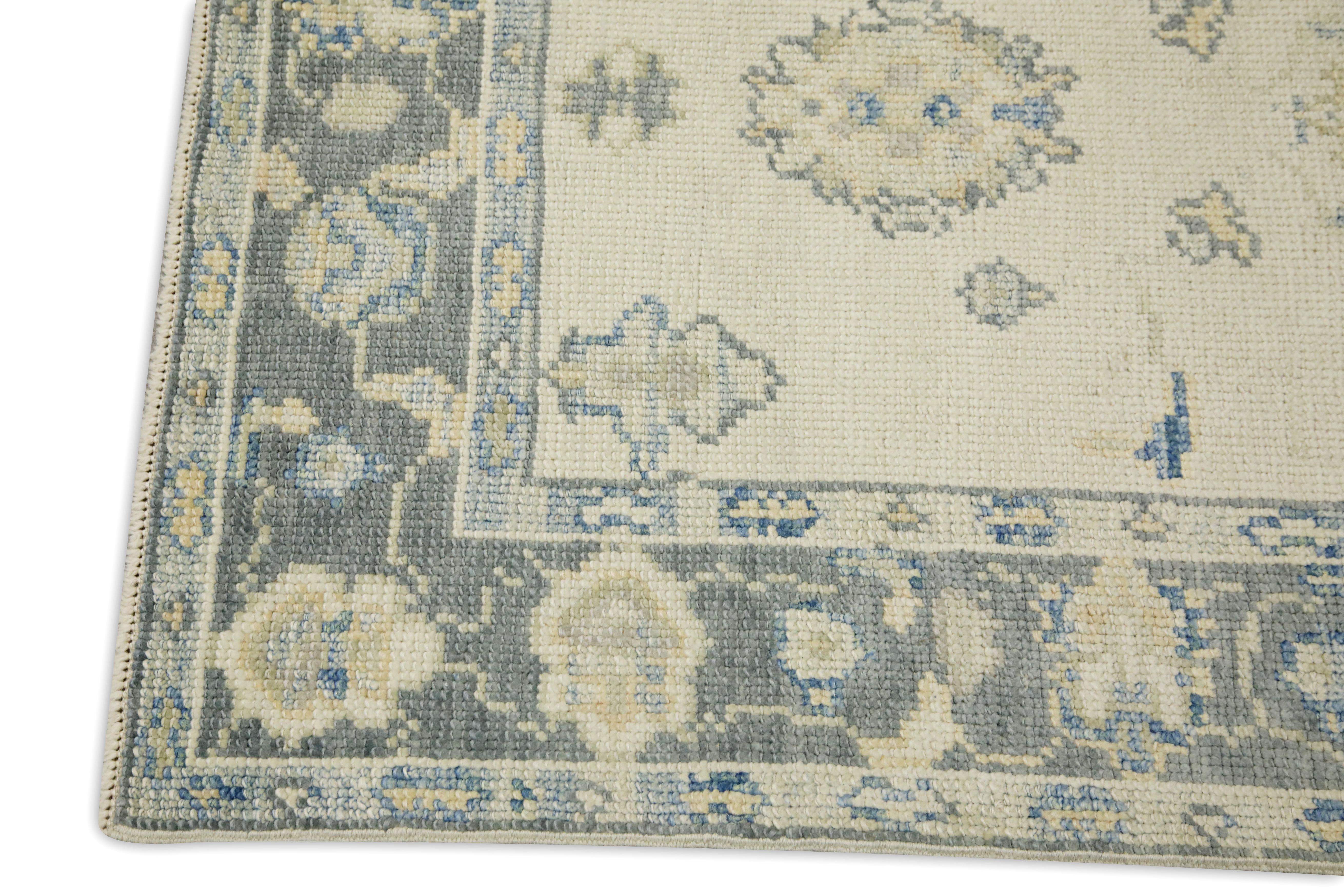 Hand-Woven Turkish Oushak Runner Rug Gray & Blue Floral Design 2'11