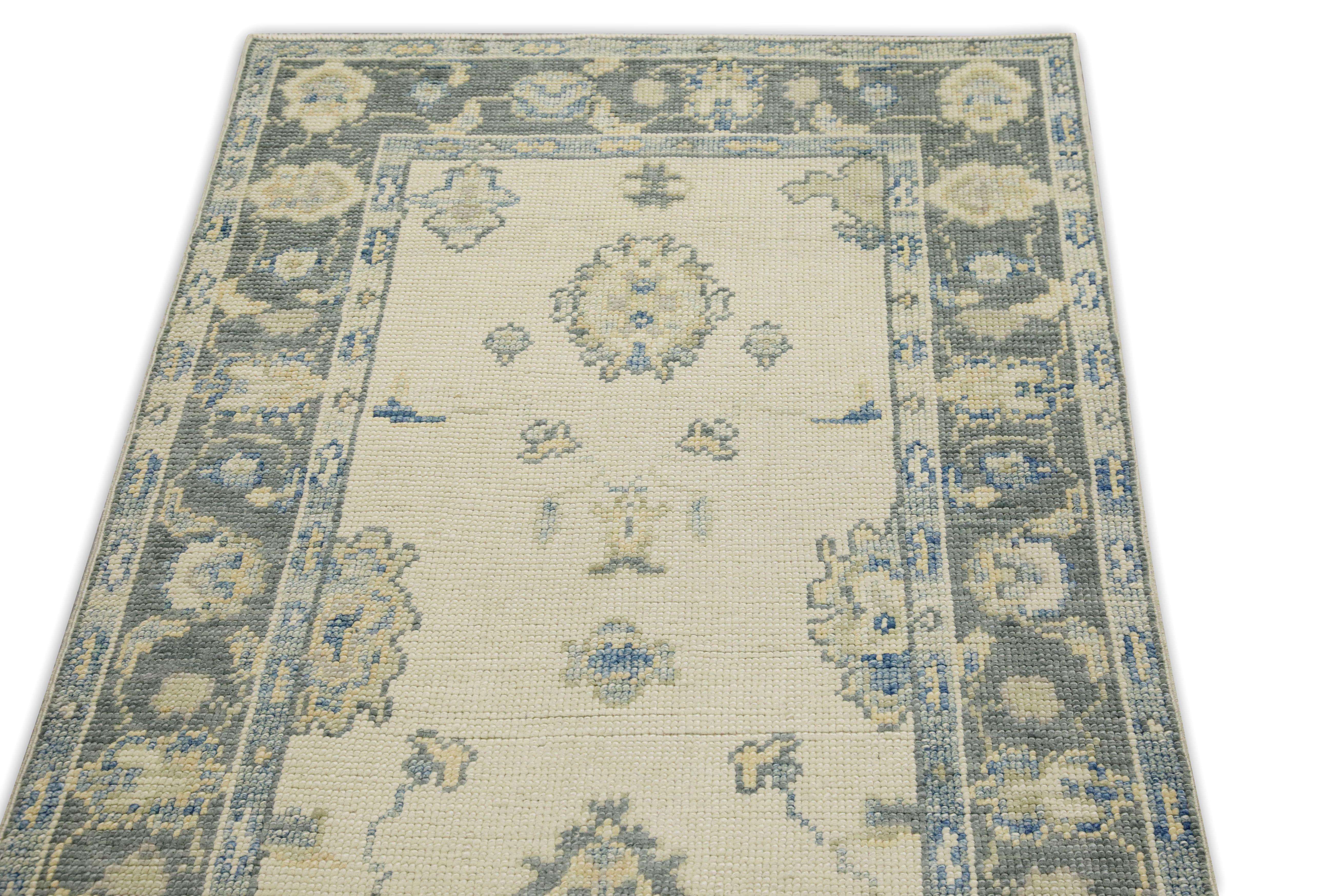 Turkish Oushak Runner Rug Gray & Blue Floral Design 2'11