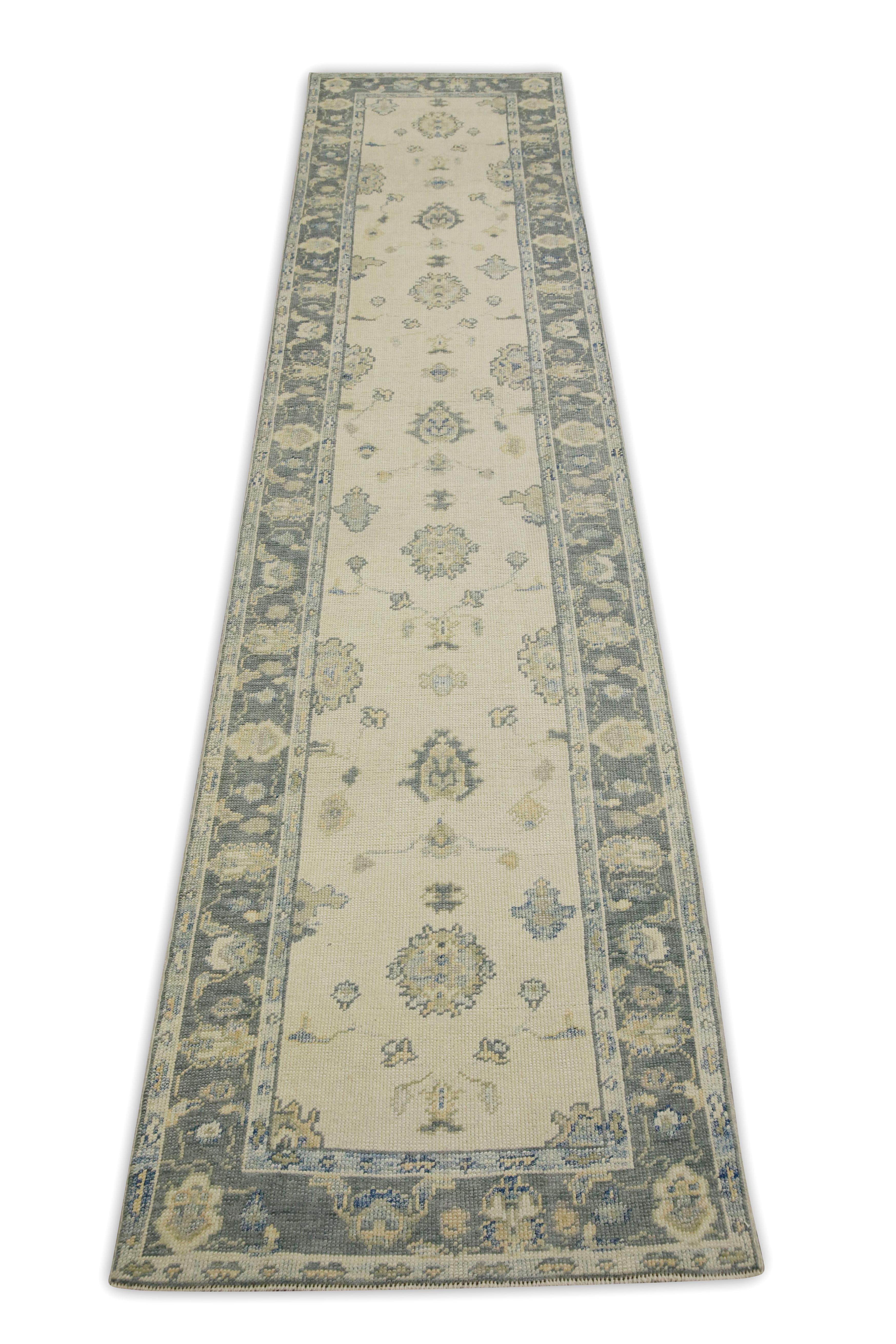 Contemporary Turkish Oushak Runner Rug Gray & Blue Floral Design 2'11