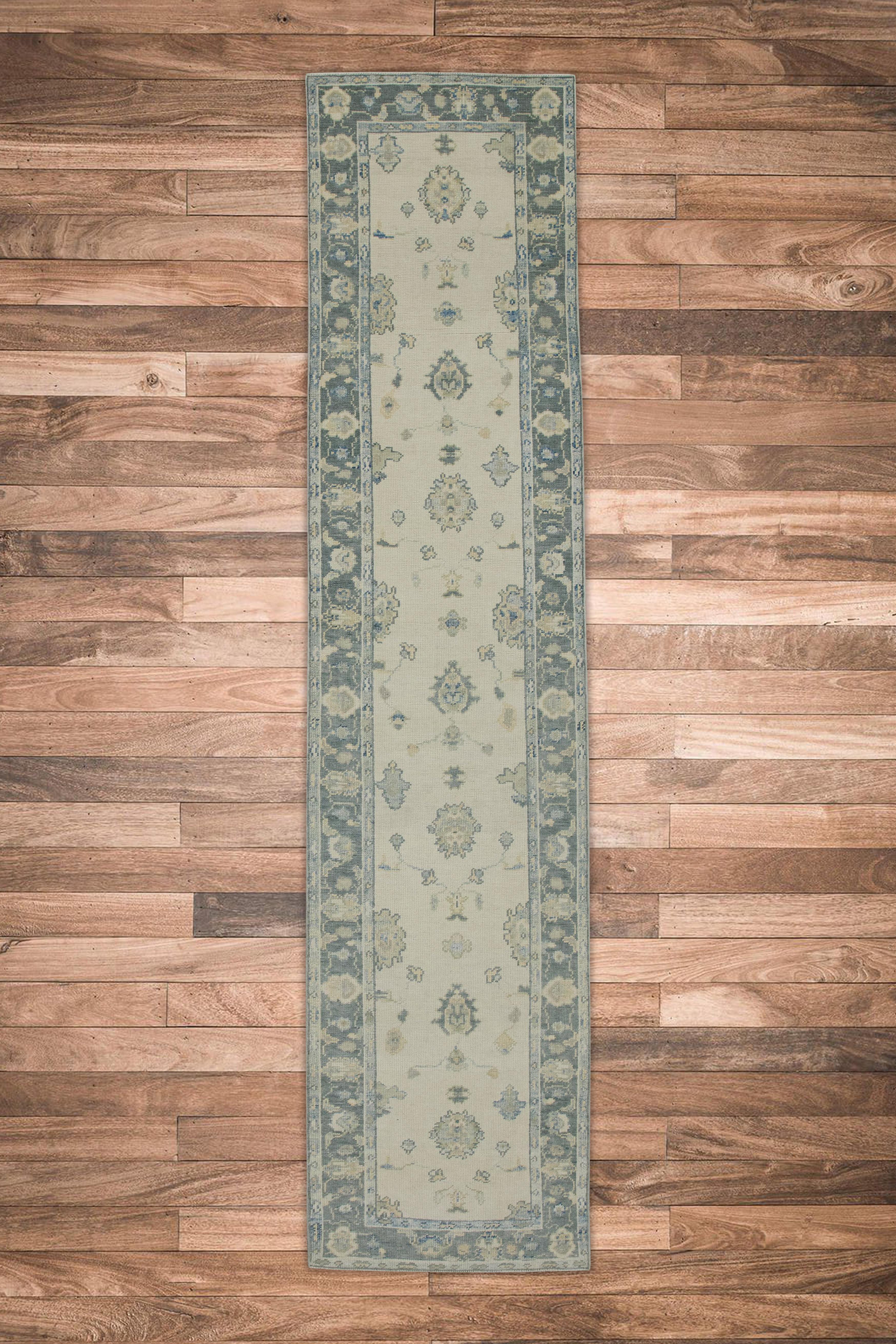 Wool Turkish Oushak Runner Rug Gray & Blue Floral Design 2'11