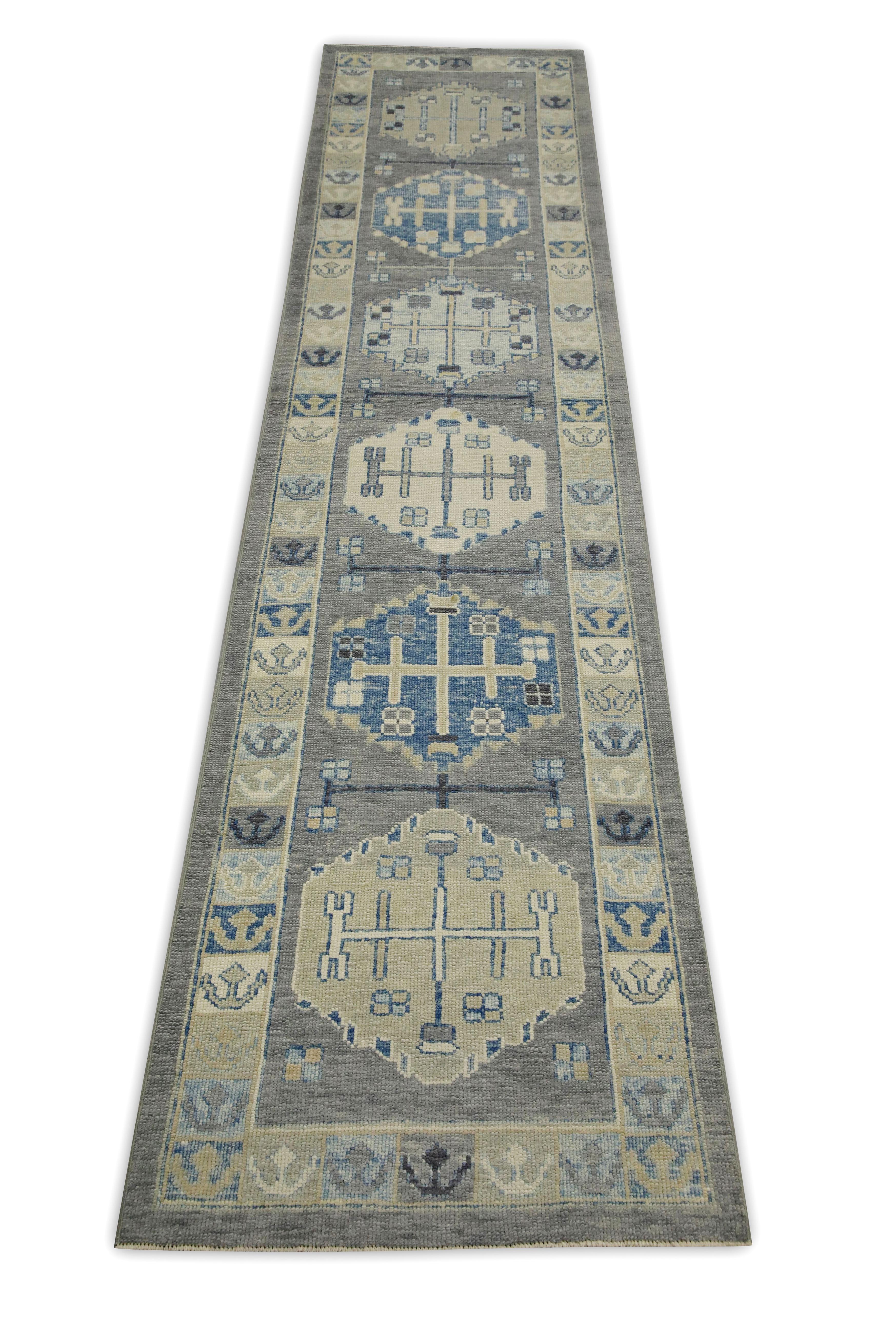 Turkish Oushak Runner Rug Gray & Blue Handwoven Wool Rug 2'11