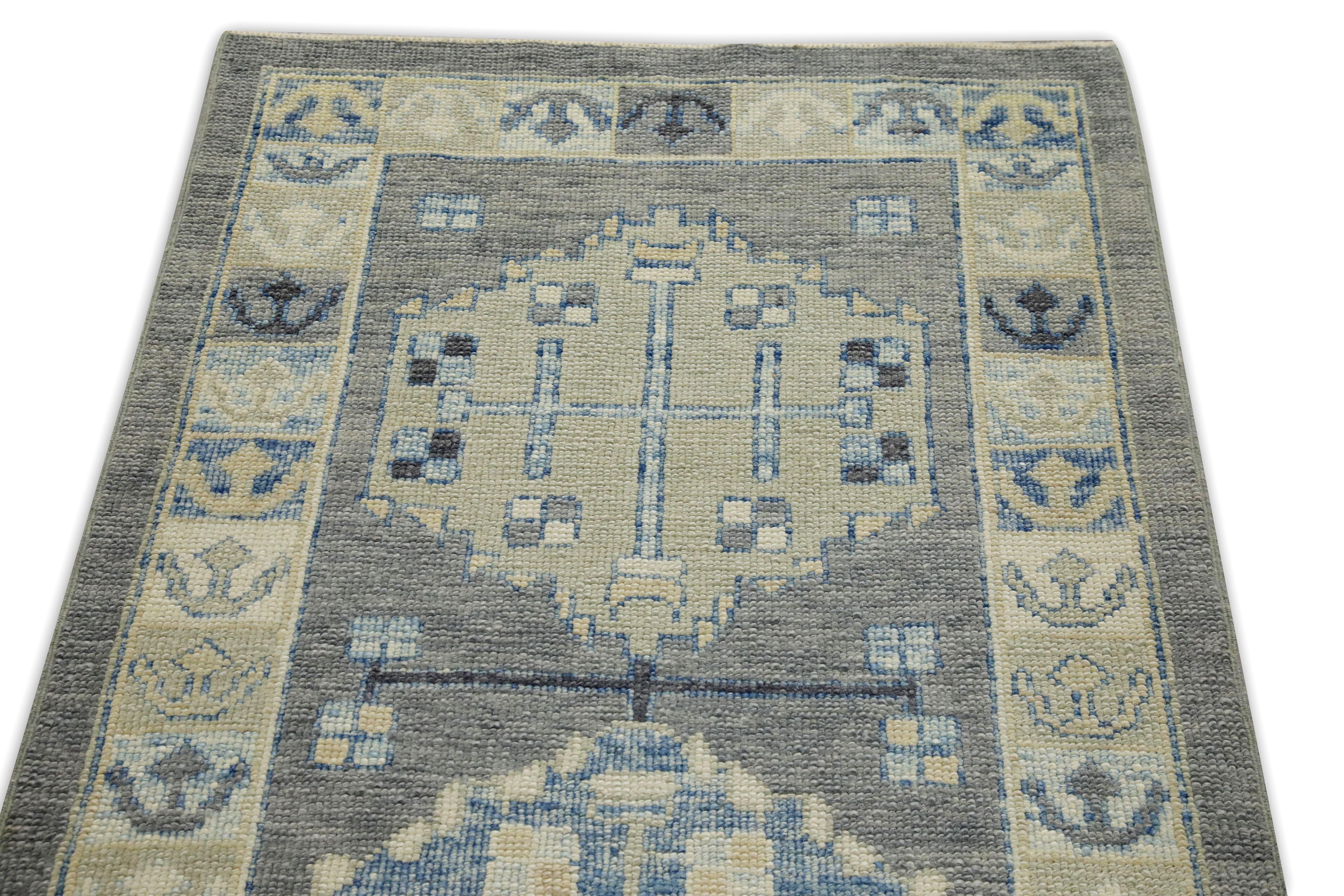 Turkish Oushak Runner Rug Gray & Blue Handwoven Wool Rug 2'11