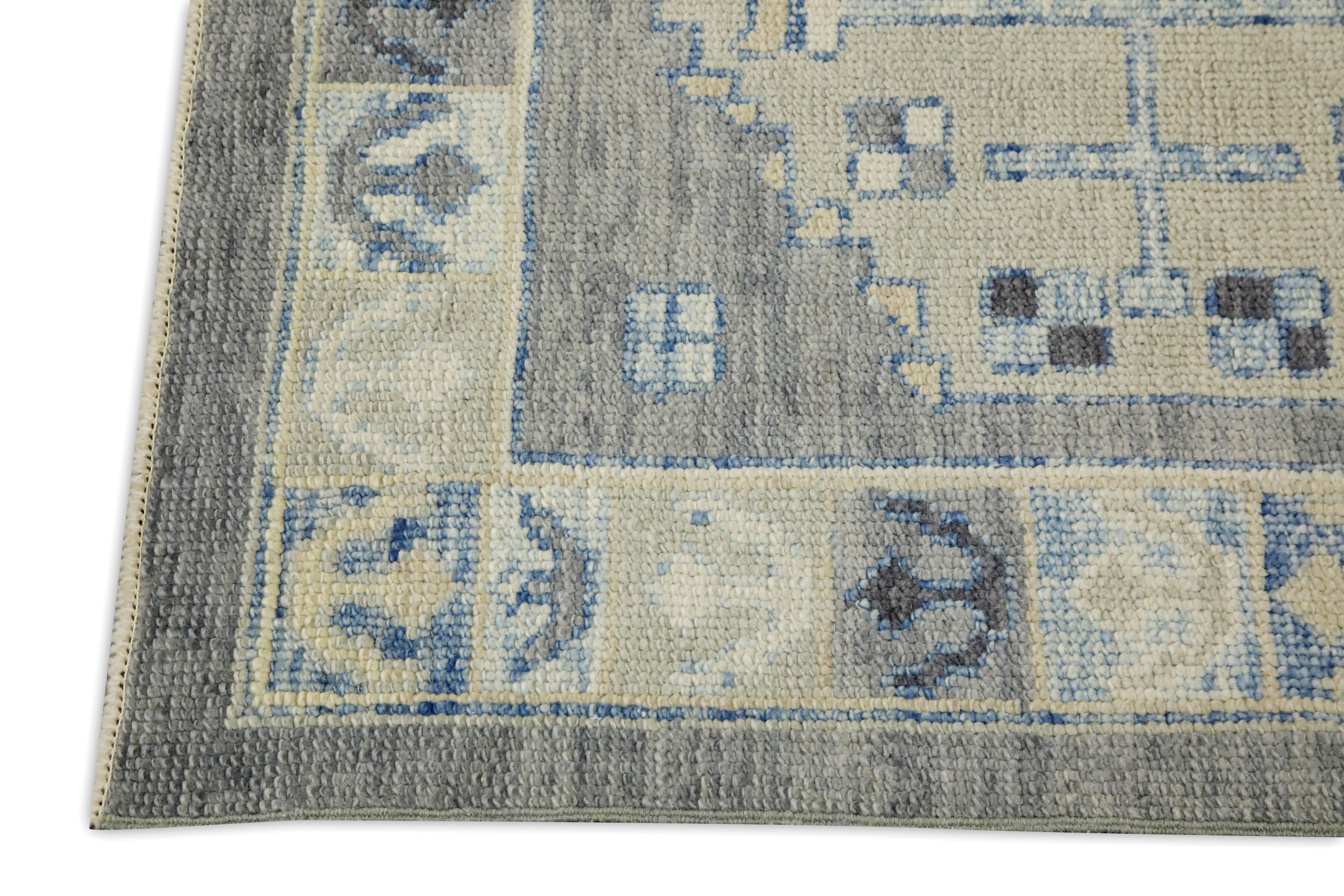 Turkish Oushak Runner Rug Gray & Blue Handwoven Wool Rug 2'11