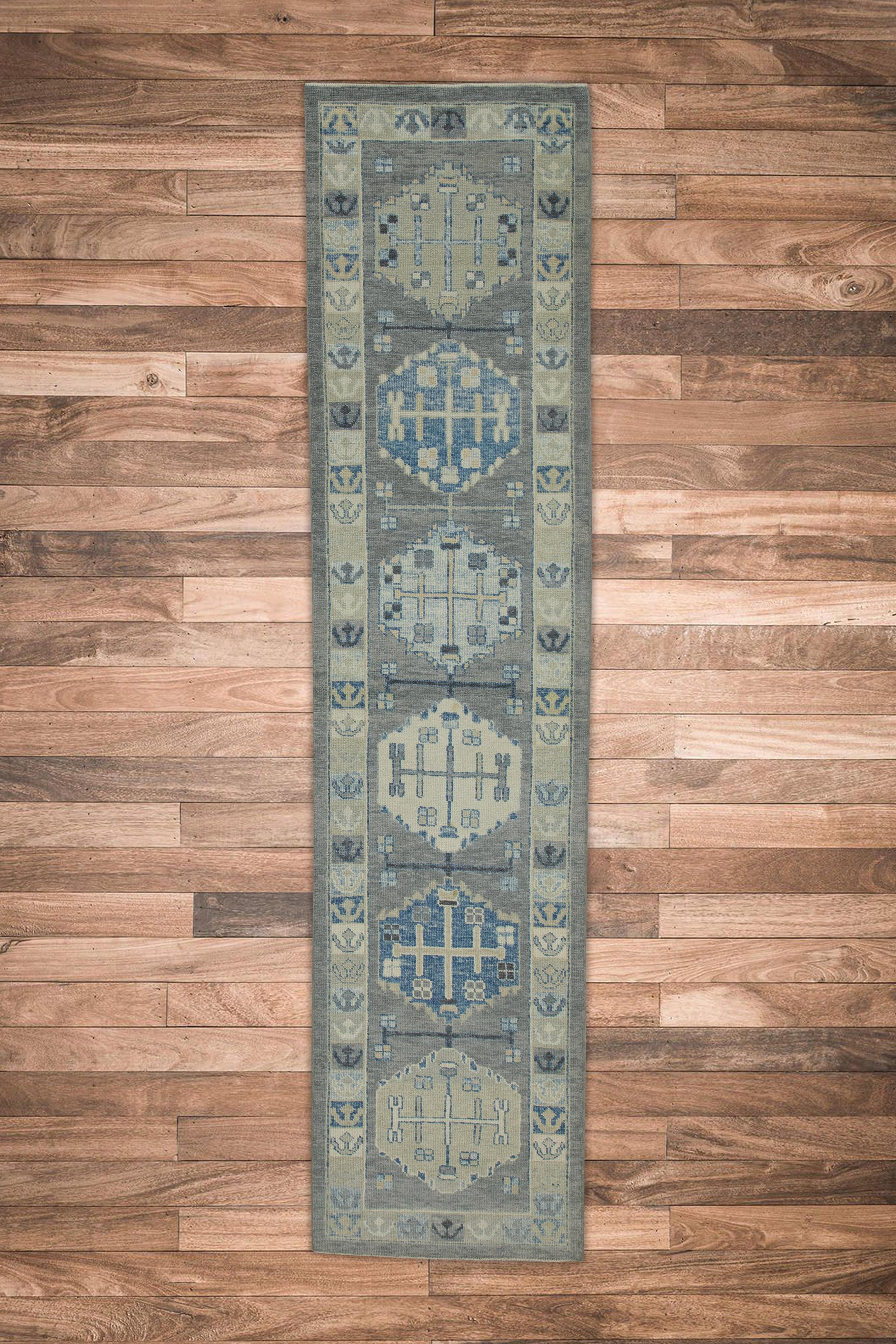 Turkish Oushak Runner Rug Gray & Blue Handwoven Wool Rug 2'11