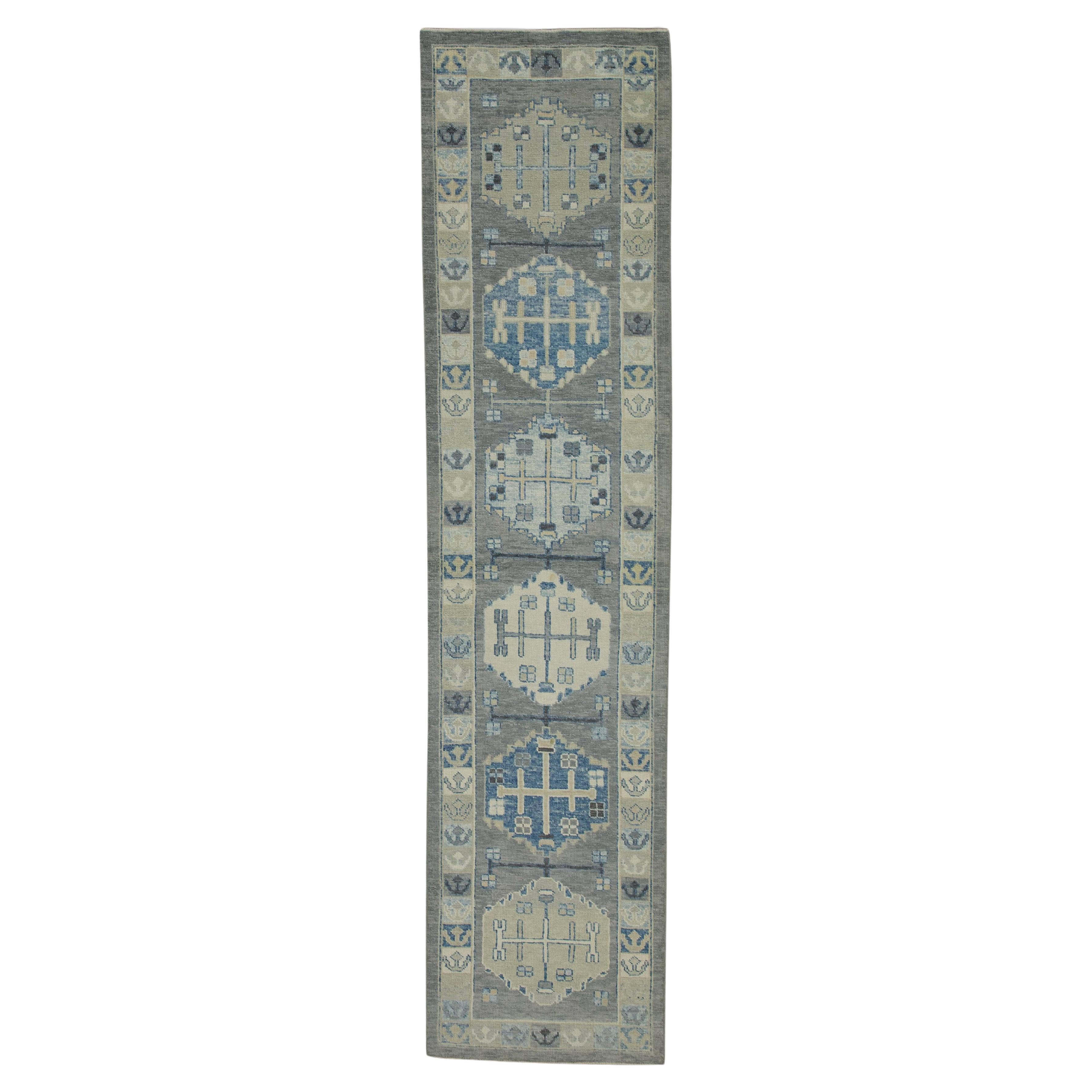 Turkish Oushak Runner Rug Gray & Blue Handwoven Wool Rug 2'11" x 12'8"