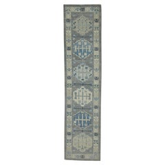 Turkish Oushak Runner Rug Gray & Blue Handwoven Wool Rug 2'11" x 12'8"
