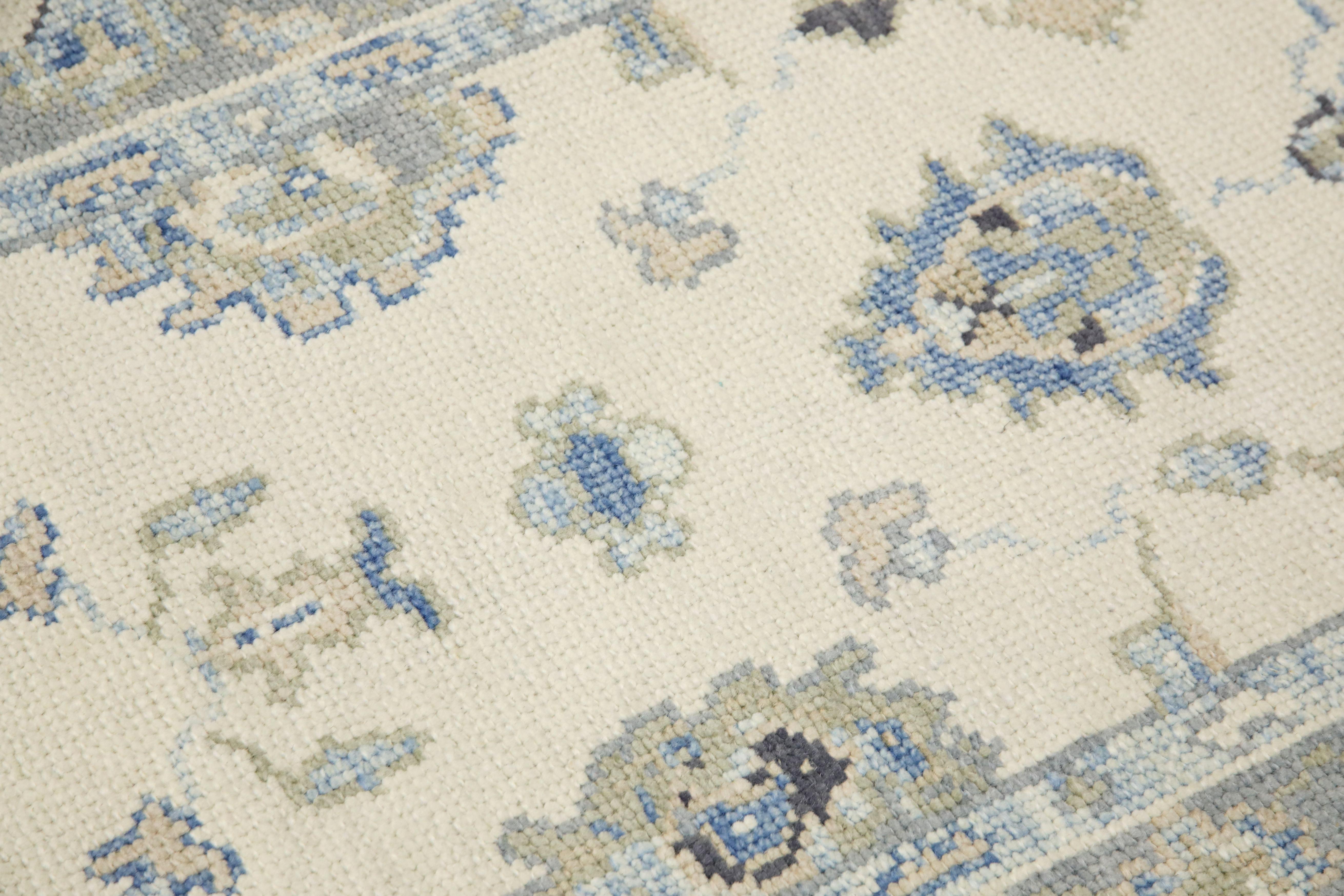 Tappeto Oushak Runner Turco Grigio e Blu Tessuto a mano in lana 2'11