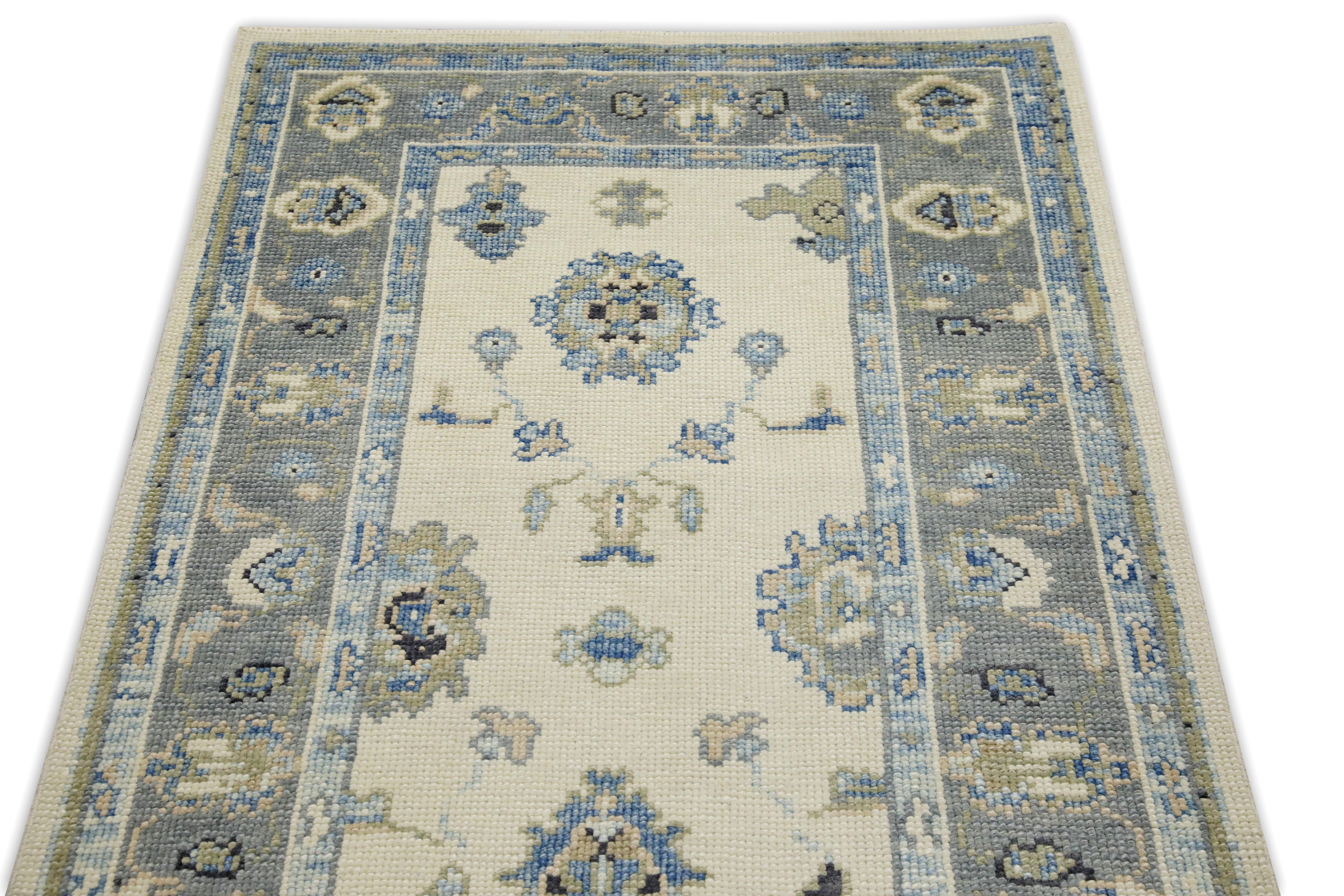 Tintura vegetale Turkish Oushak Runner Rug Gray & Blue Handwoven Wool Rug 2'11