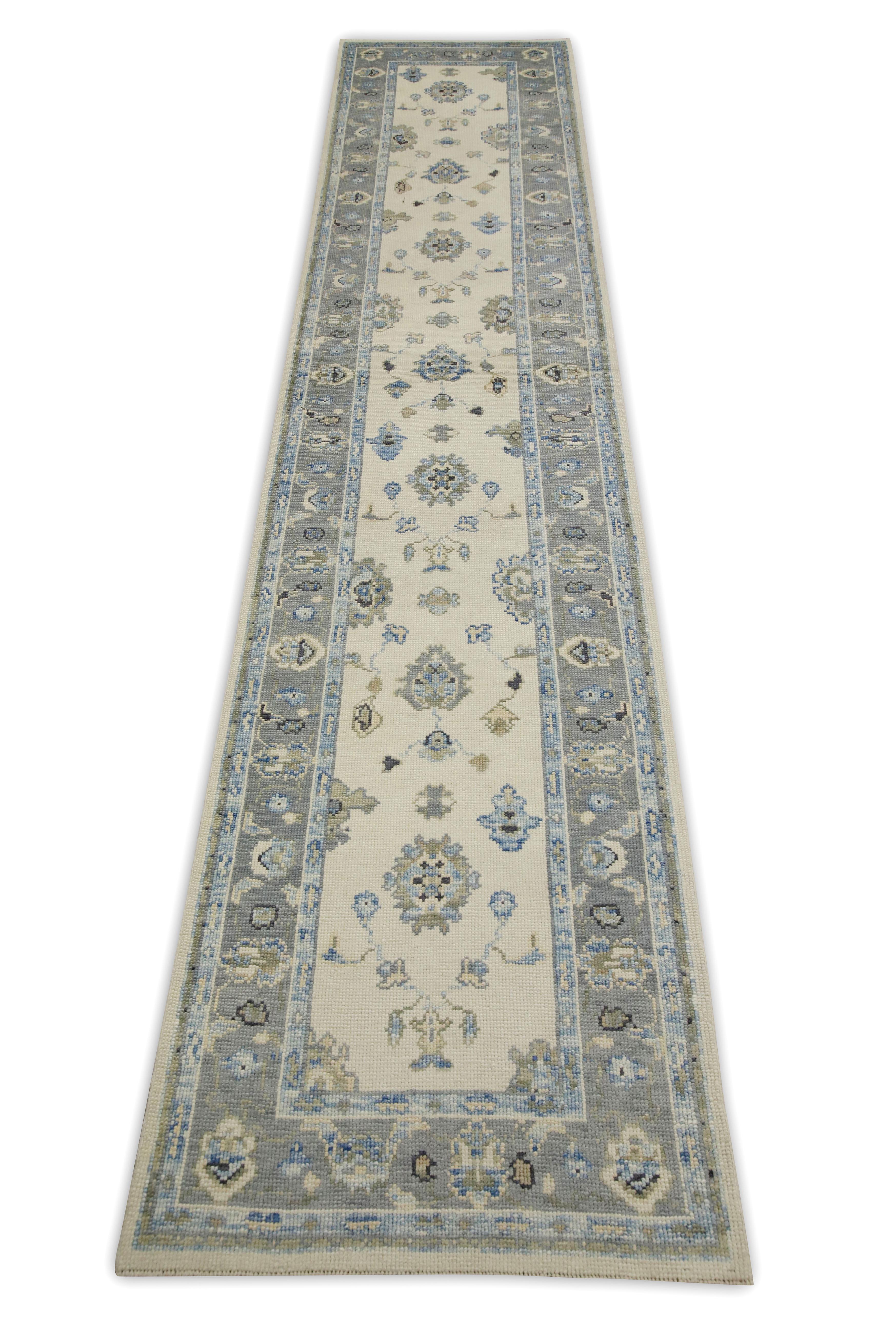 Turkish Oushak Runner Rug Gray & Blue Handwoven Wool Rug 2'11