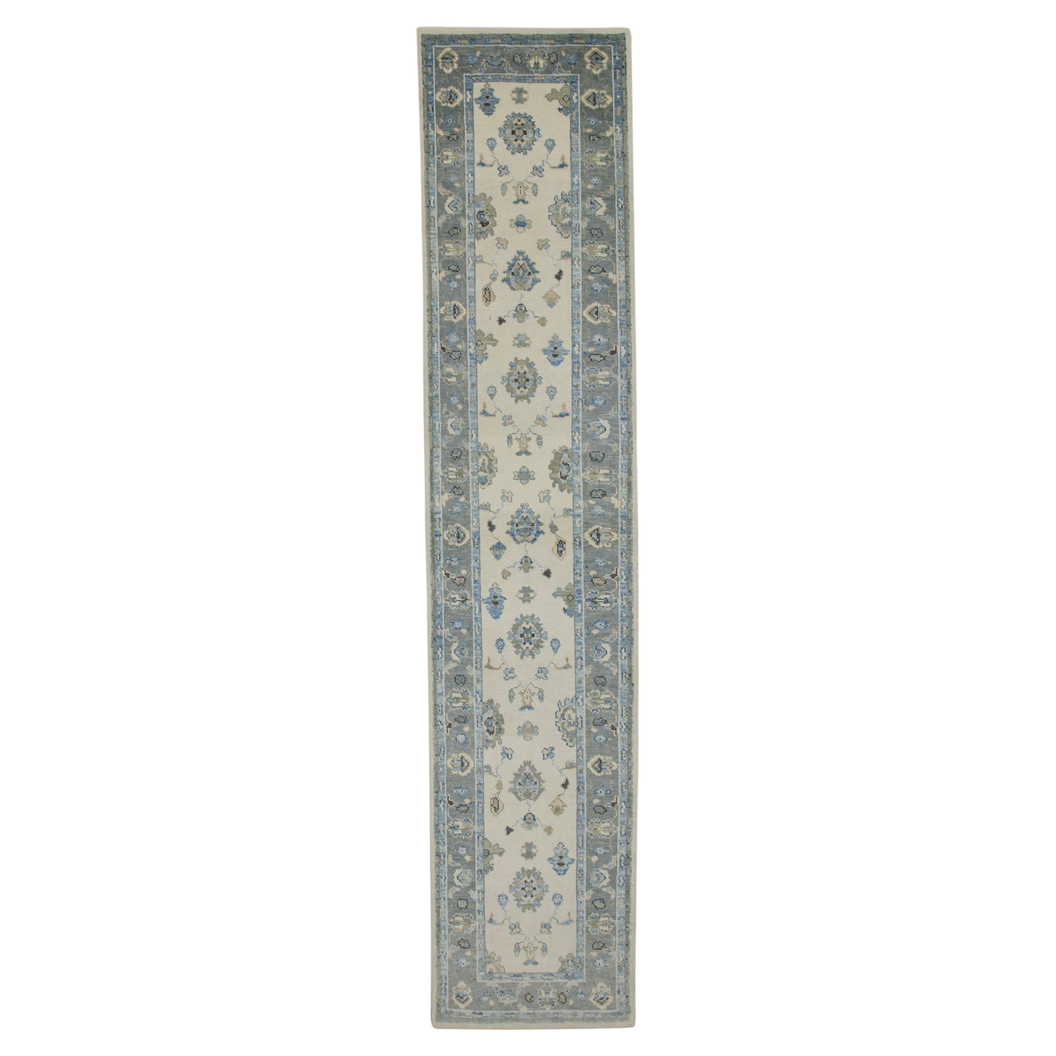 Turkish Oushak Runner Rug Gray & Blue Handwoven Wool Rug 2'11" x 13'11"
