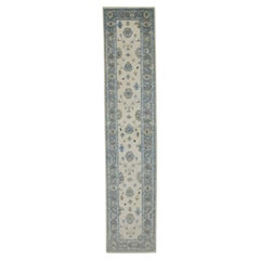 Turkish Oushak Runner Rug Gray & Blue Handwoven Wool Rug 2'11" x 13'11"