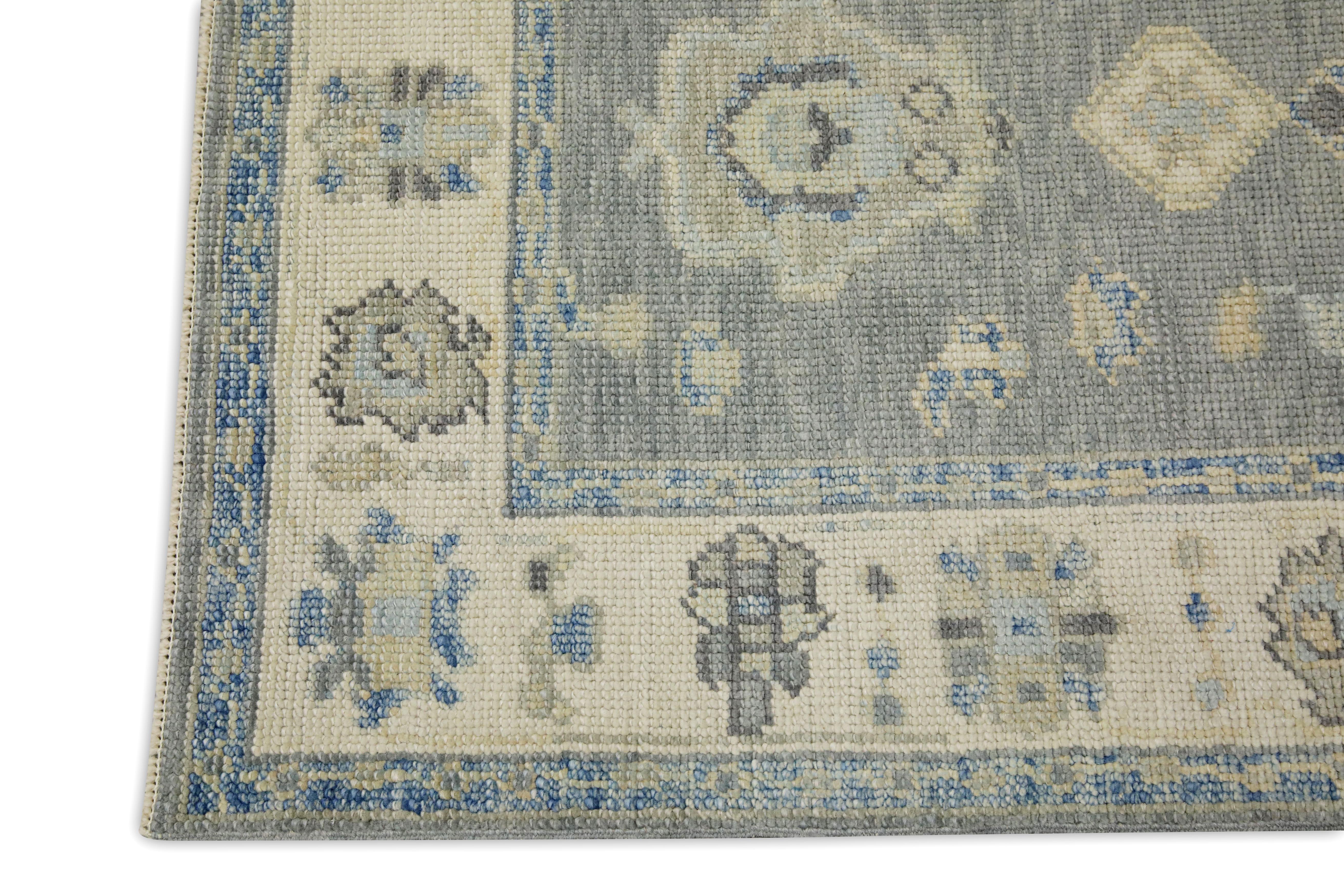 Tintura vegetale Tappeto Oushak Runner Turco Grigio e Blu Tessuto a mano in Lana 2'8