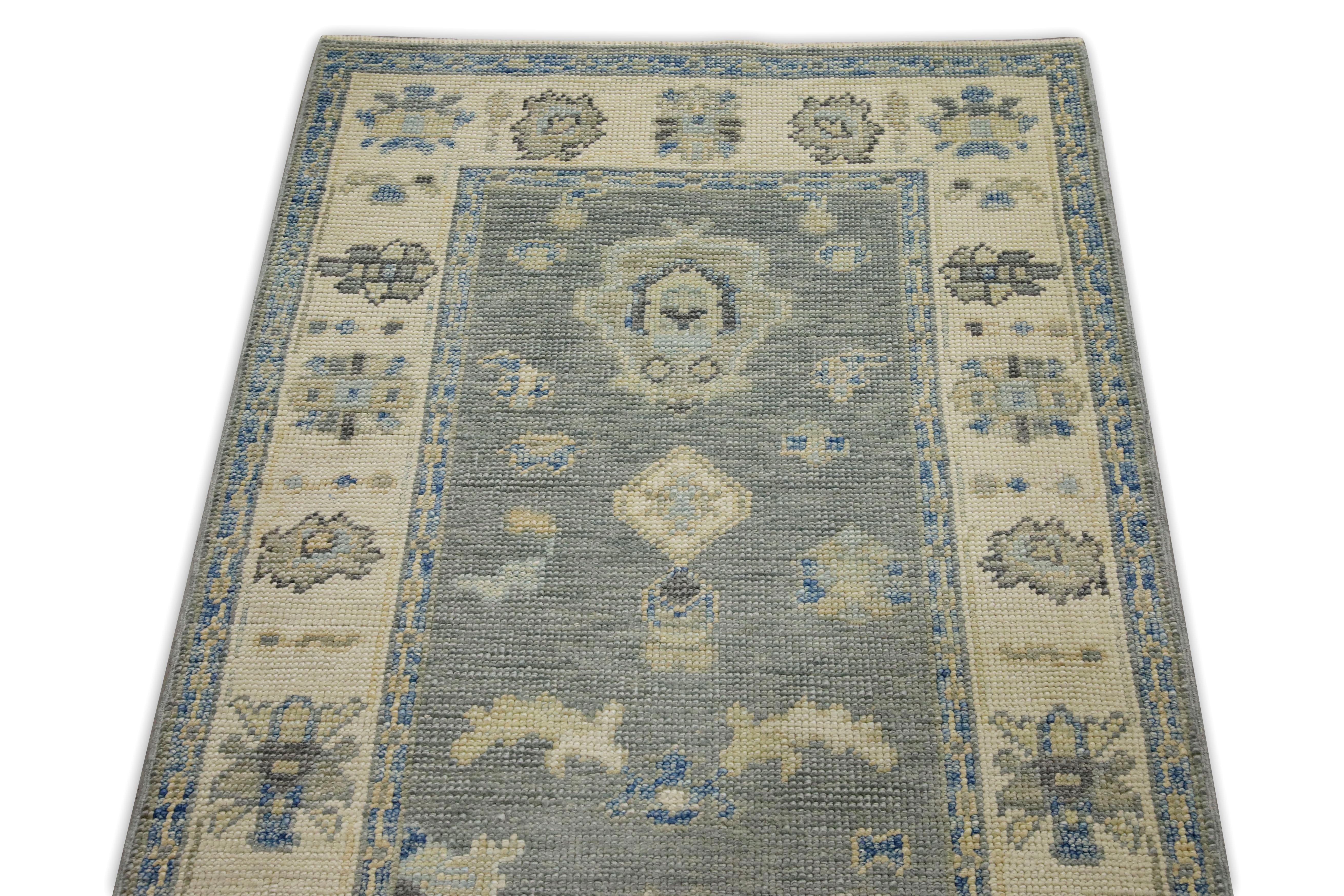 Tappeto Oushak Runner Turco Grigio e Blu Tessuto a mano in Lana 2'8