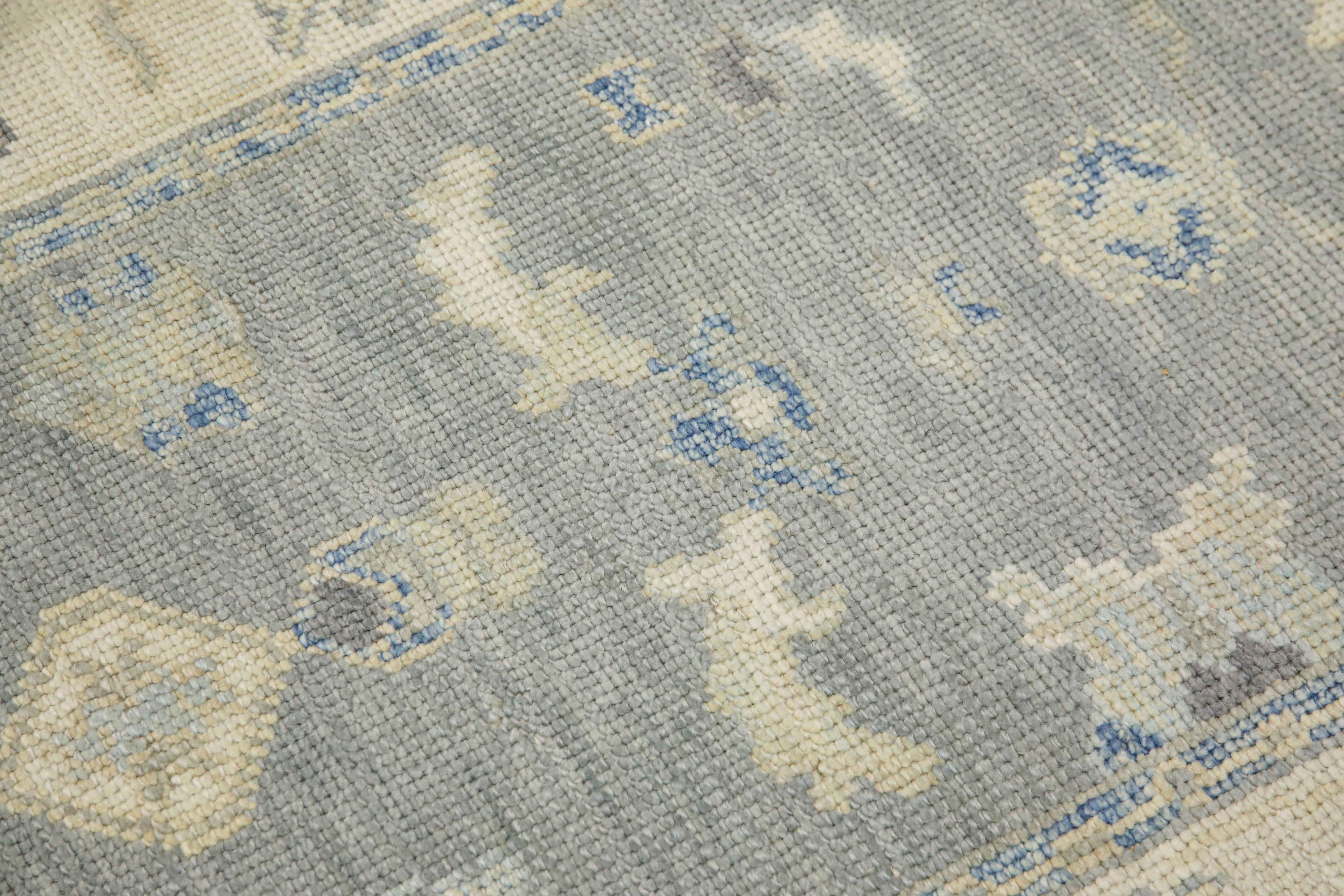 Tappeto Oushak Runner Turco Grigio e Blu Tessuto a mano in Lana 2'8